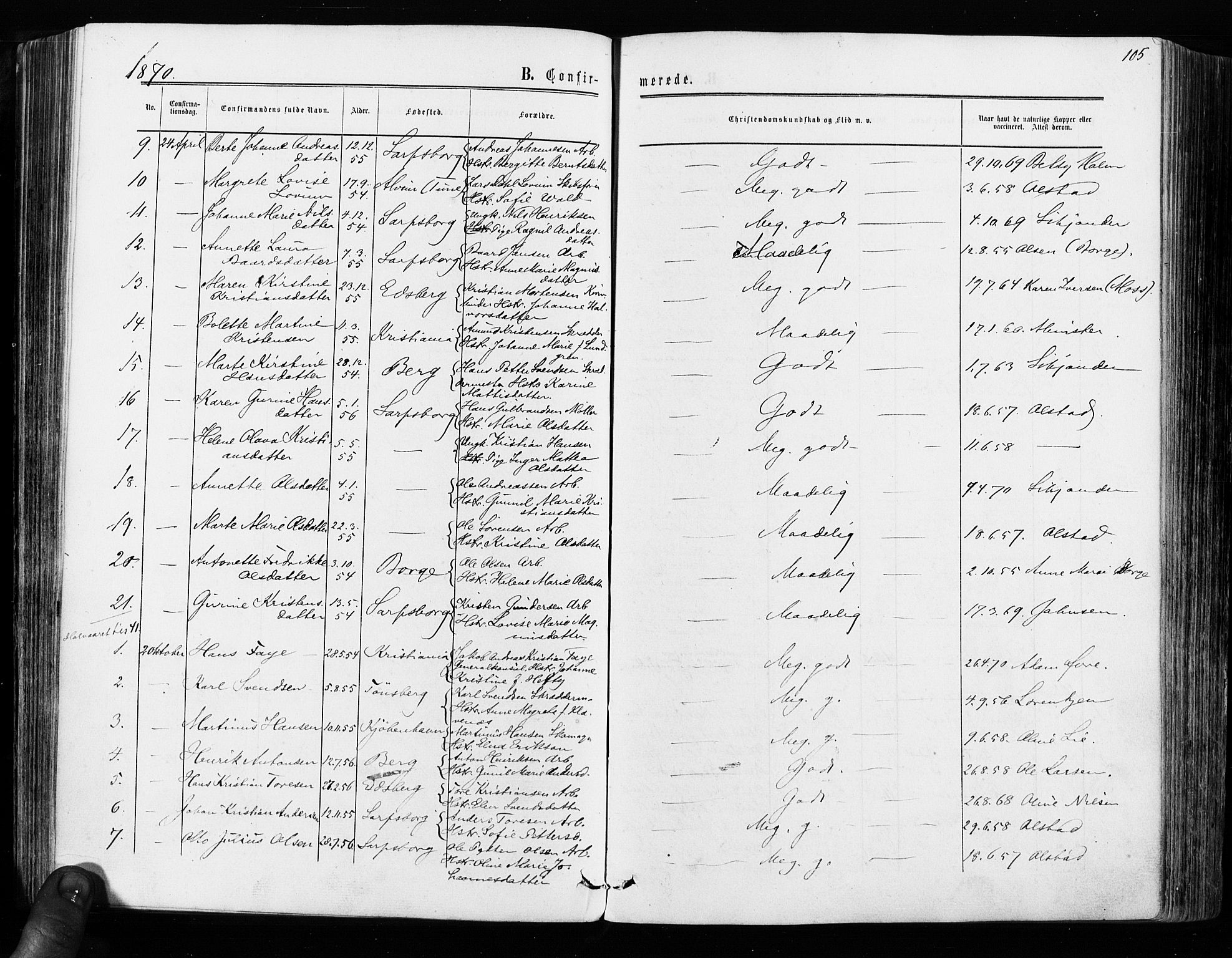 Sarpsborg prestekontor Kirkebøker, SAO/A-2006/F/Fa/L0002: Parish register (official) no. 2, 1869-1877, p. 105