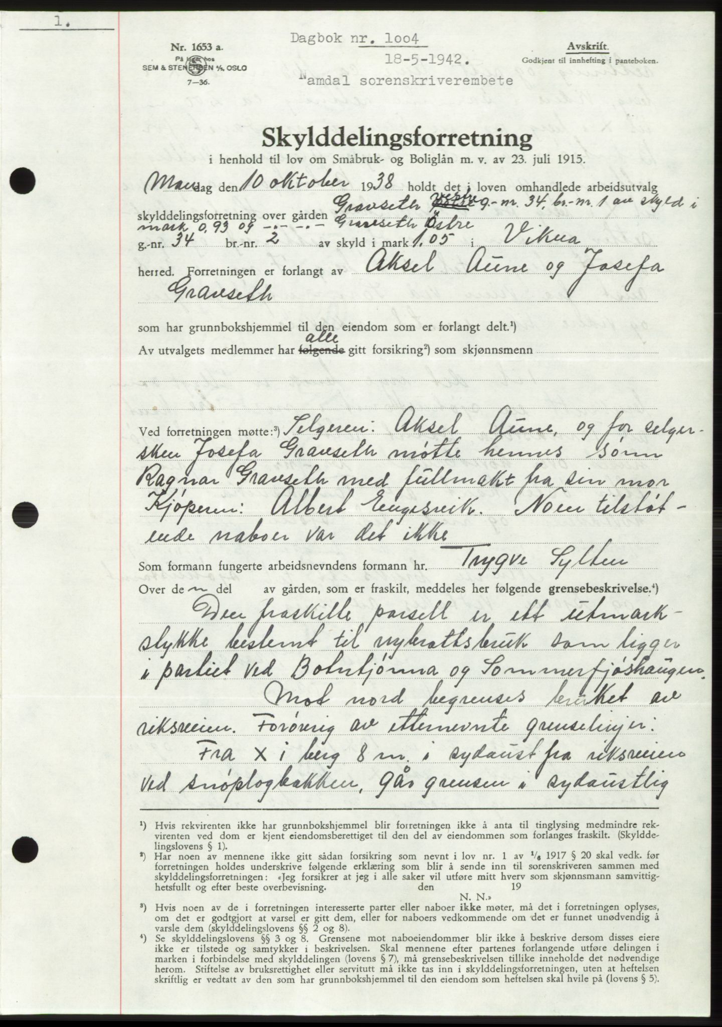 Namdal sorenskriveri, AV/SAT-A-4133/1/2/2C: Mortgage book no. -, 1941-1942, Diary no: : 1004/1942