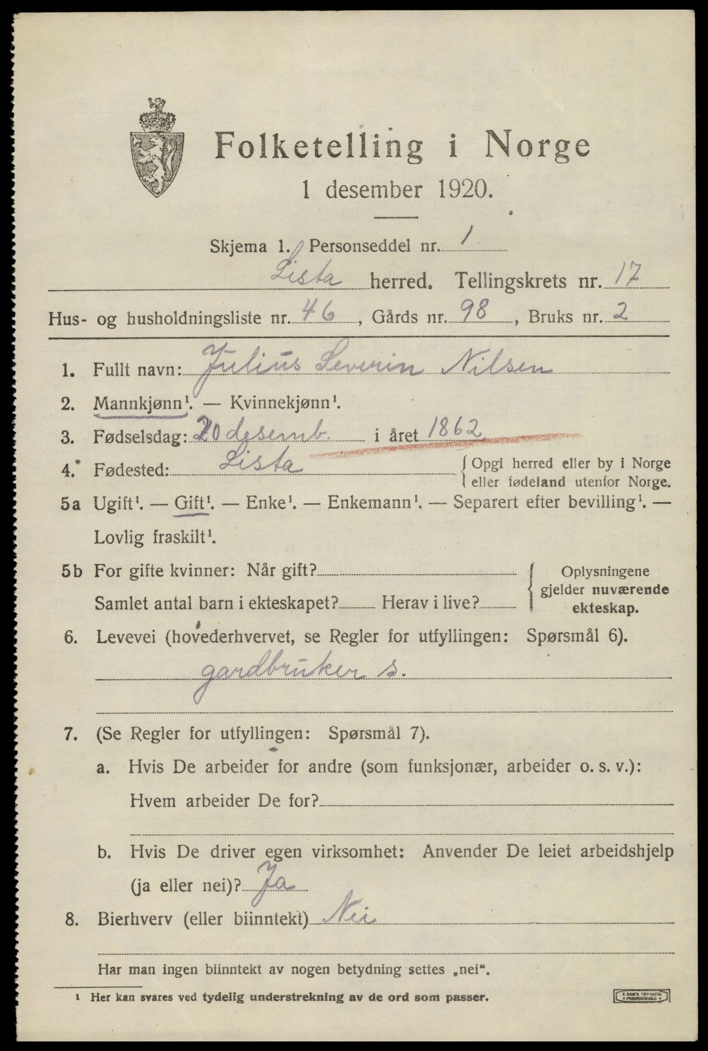 SAK, 1920 census for Lista, 1920, p. 13773