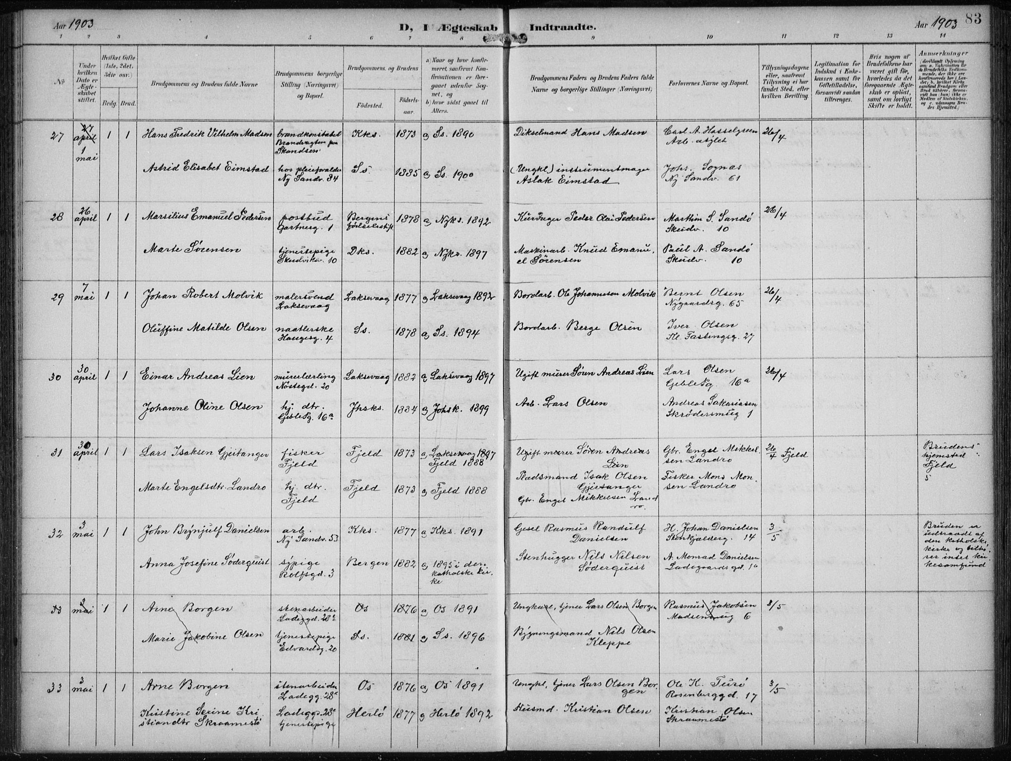 Sandviken Sokneprestembete, AV/SAB-A-77601/H/Ha/L0014: Parish register (official) no. D 1, 1896-1911, p. 83