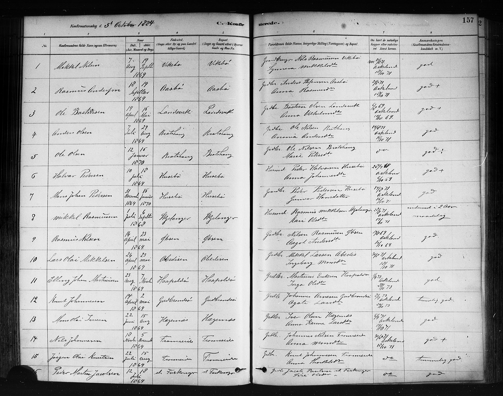 Herdla Sokneprestembete, AV/SAB-A-75701/H/Haa: Parish register (official) no. A 3, 1878-1890, p. 157