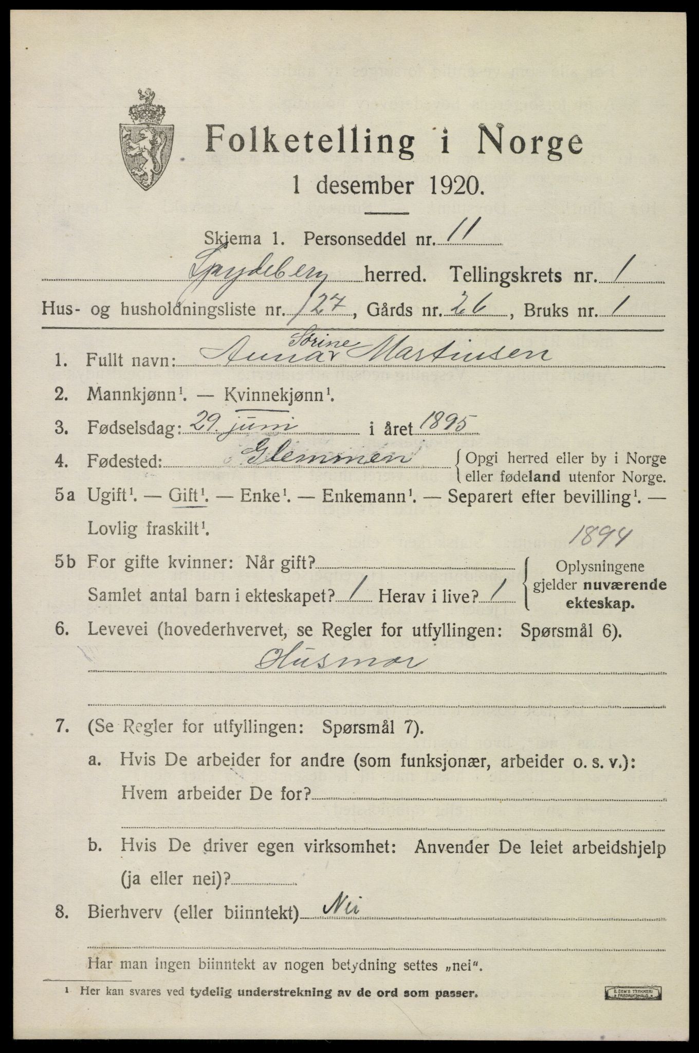 SAO, 1920 census for Spydeberg, 1920, p. 2585