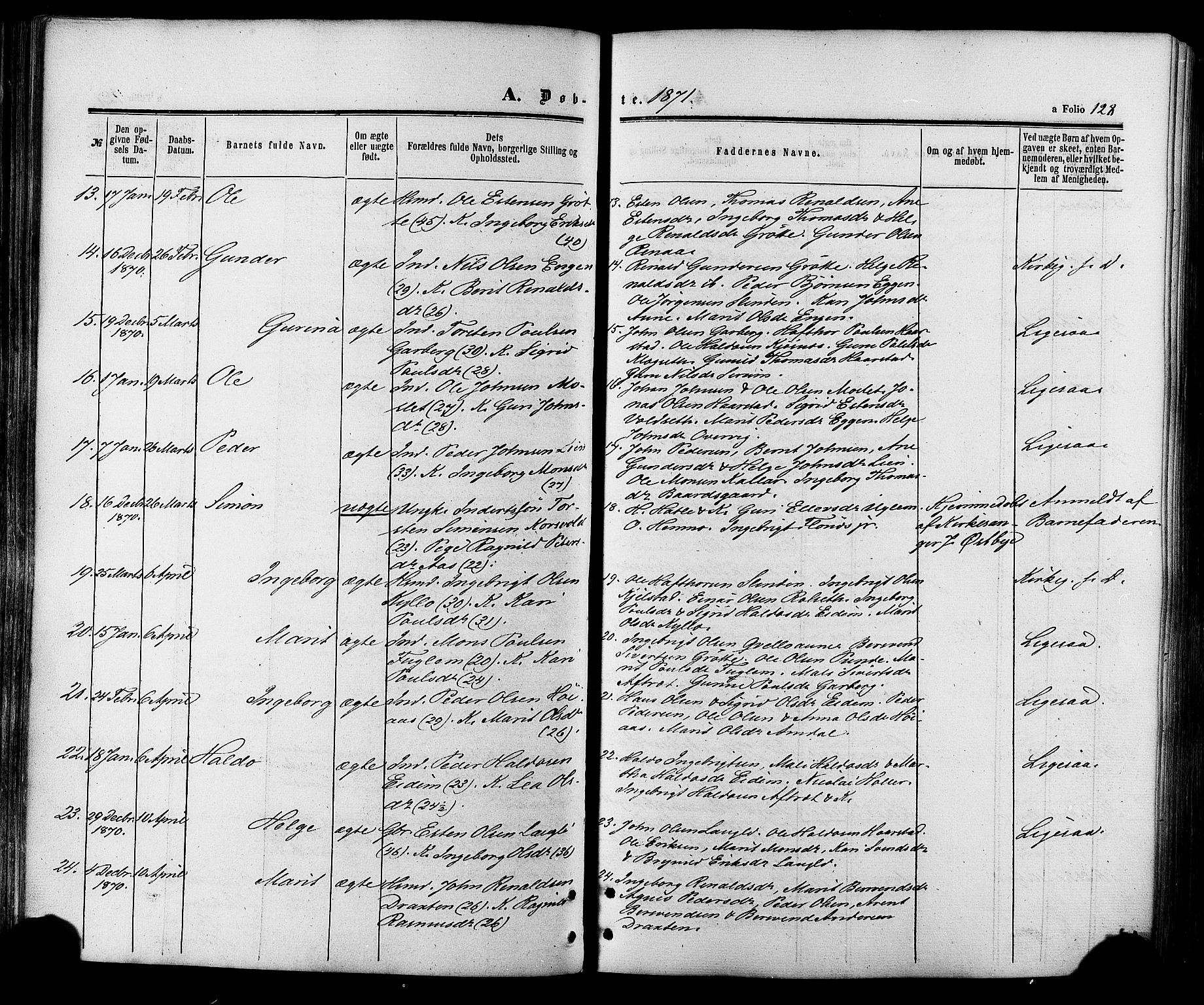 Ministerialprotokoller, klokkerbøker og fødselsregistre - Sør-Trøndelag, SAT/A-1456/695/L1147: Parish register (official) no. 695A07, 1860-1877, p. 128