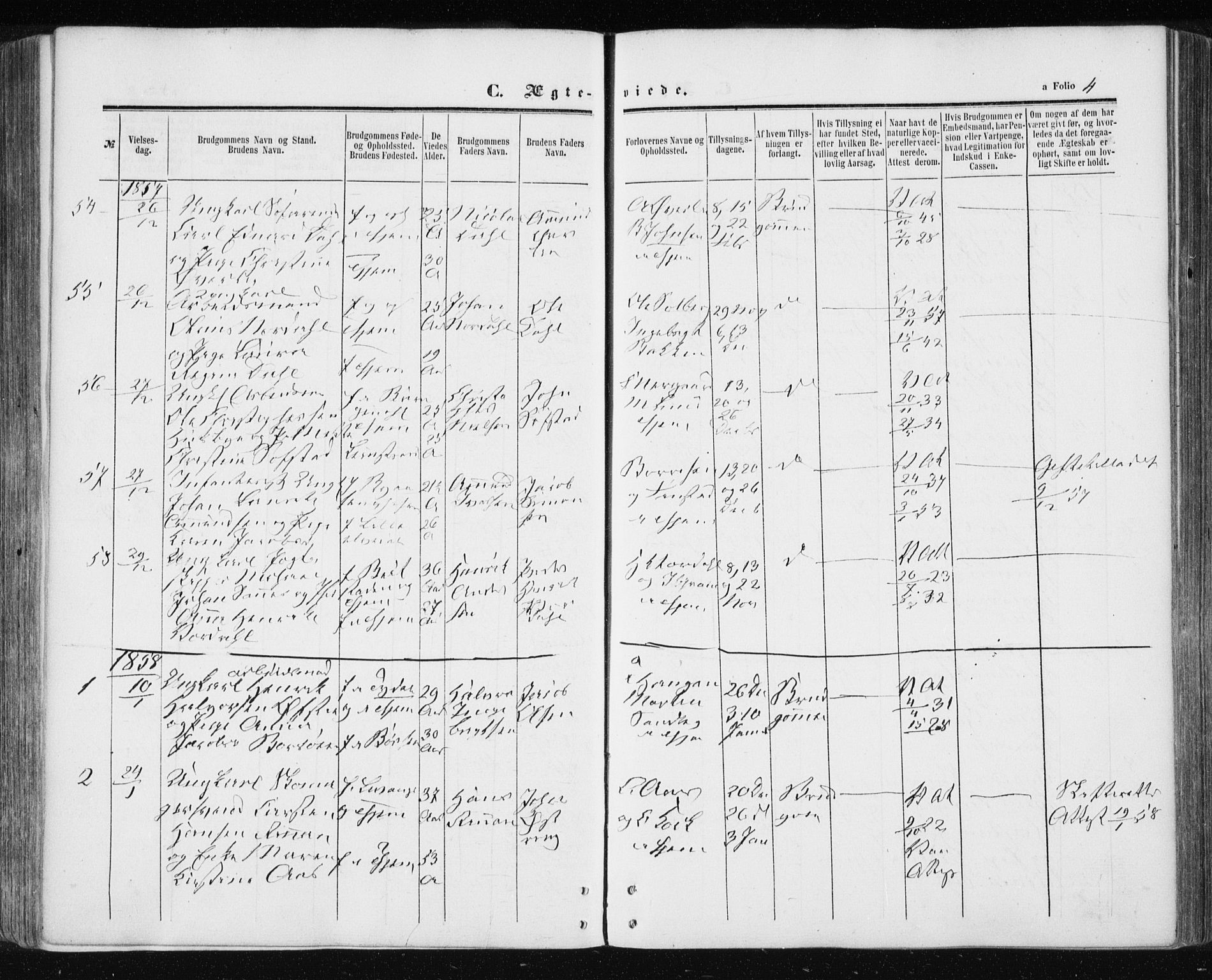 Ministerialprotokoller, klokkerbøker og fødselsregistre - Sør-Trøndelag, SAT/A-1456/601/L0053: Parish register (official) no. 601A21, 1857-1865, p. 4