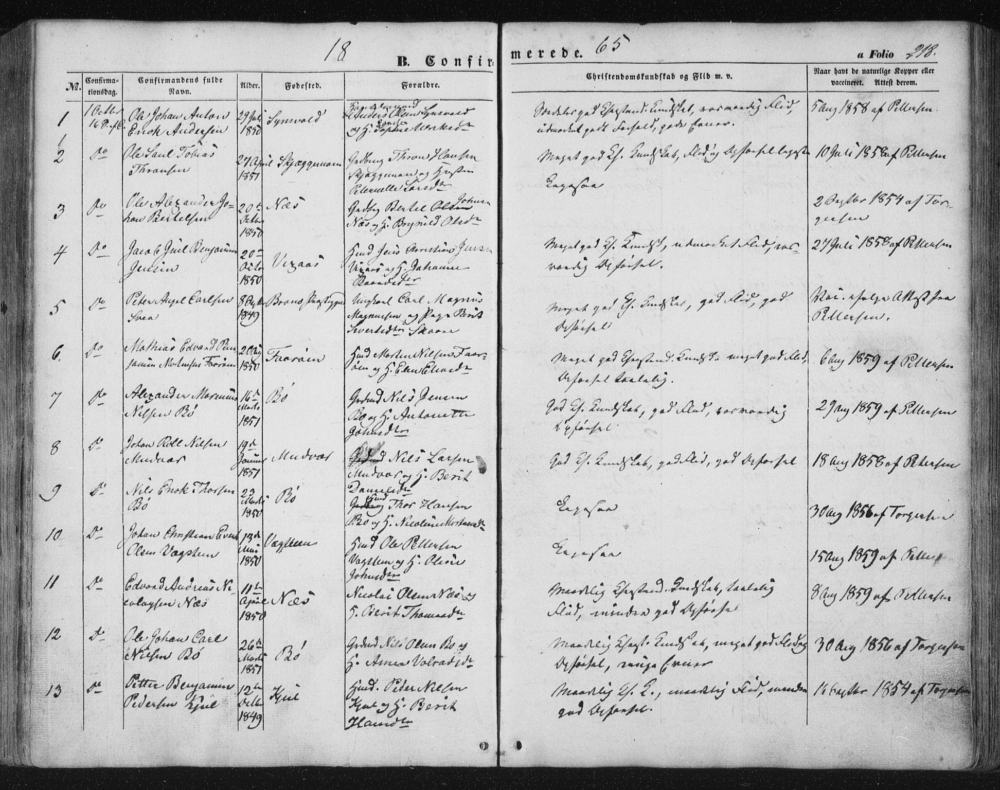 Ministerialprotokoller, klokkerbøker og fødselsregistre - Nordland, SAT/A-1459/816/L0240: Parish register (official) no. 816A06, 1846-1870, p. 218