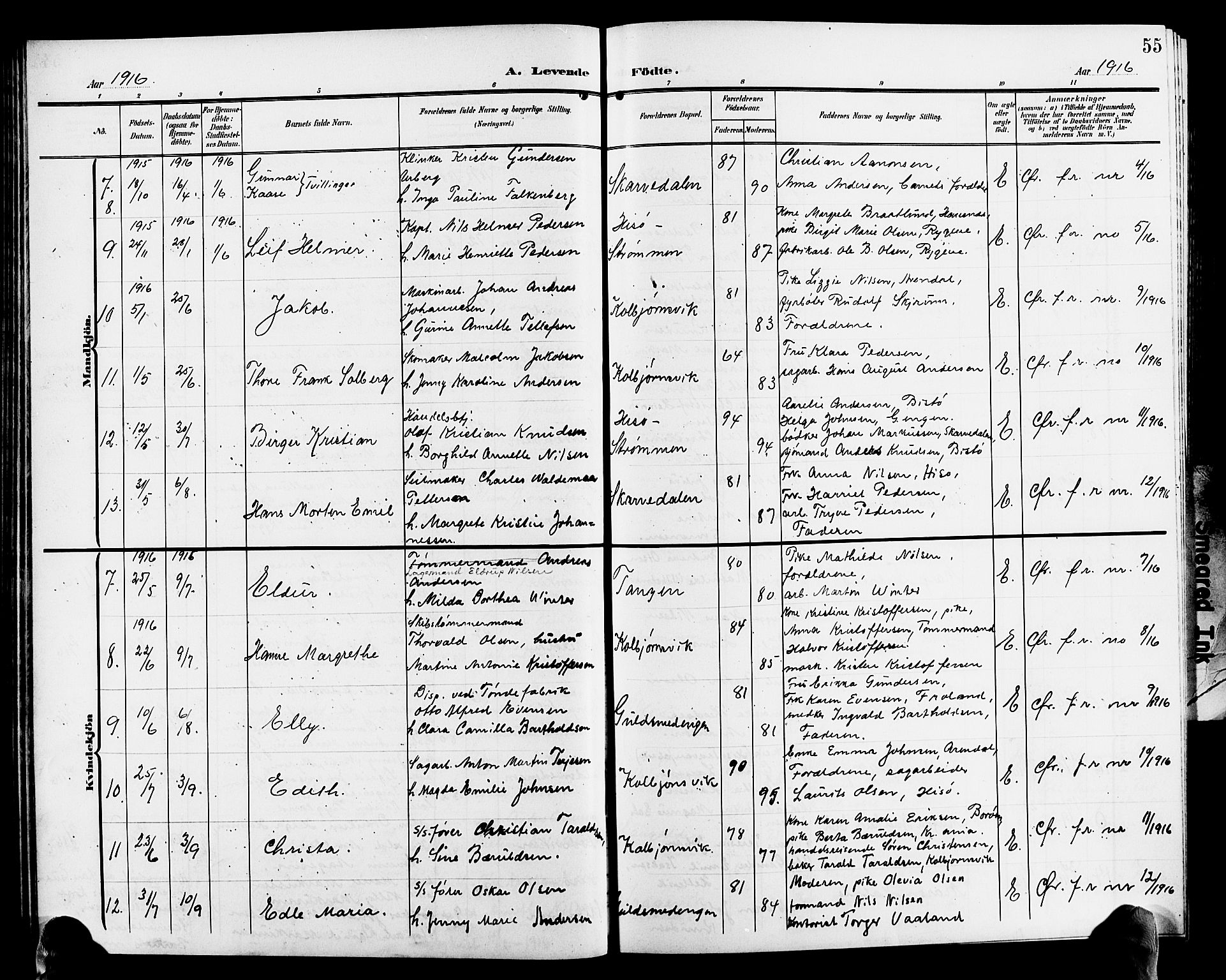 Hisøy sokneprestkontor, AV/SAK-1111-0020/F/Fb/L0004: Parish register (copy) no. B 4, 1905-1923, p. 55