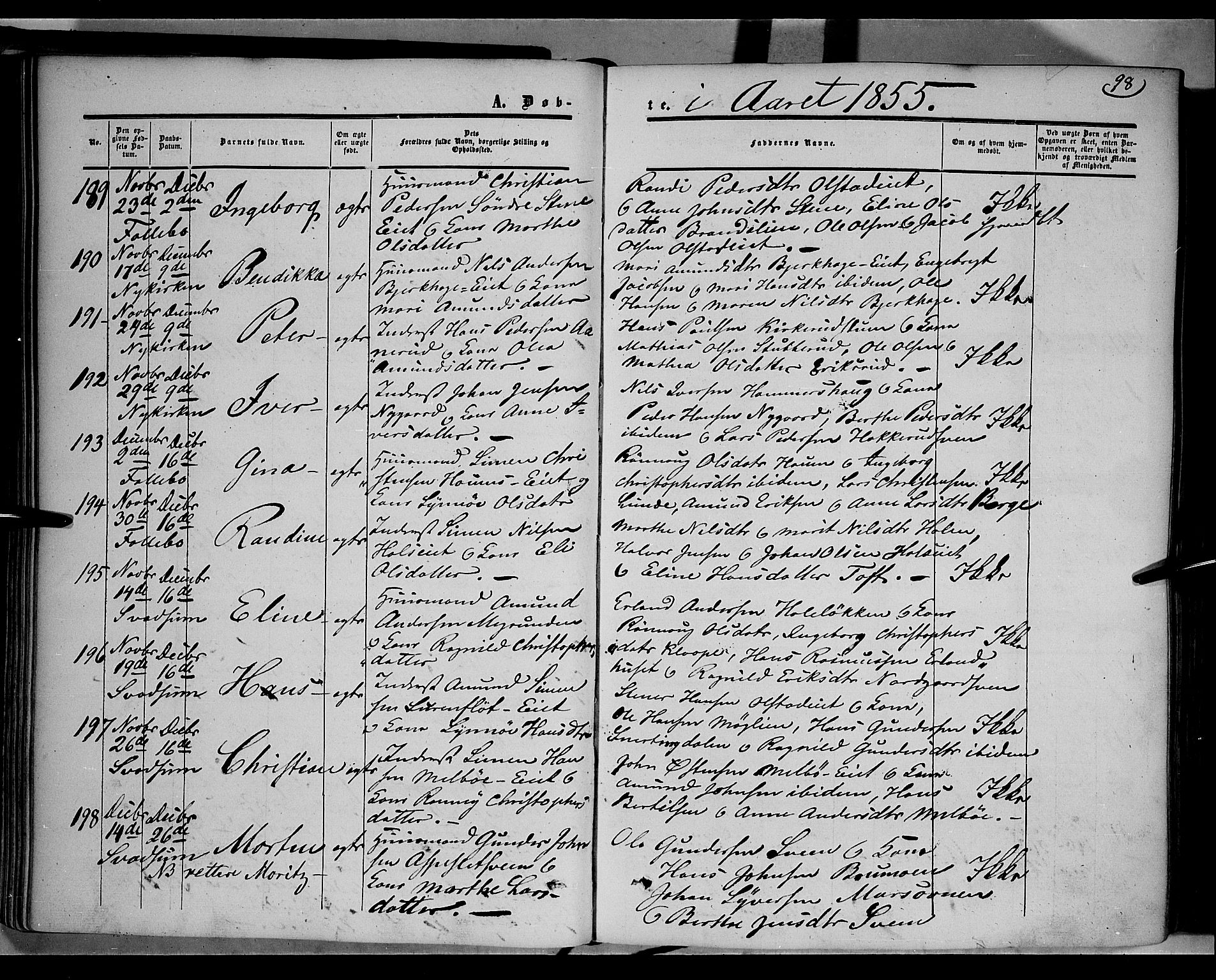 Gausdal prestekontor, SAH/PREST-090/H/Ha/Haa/L0008: Parish register (official) no. 8, 1850-1861, p. 98