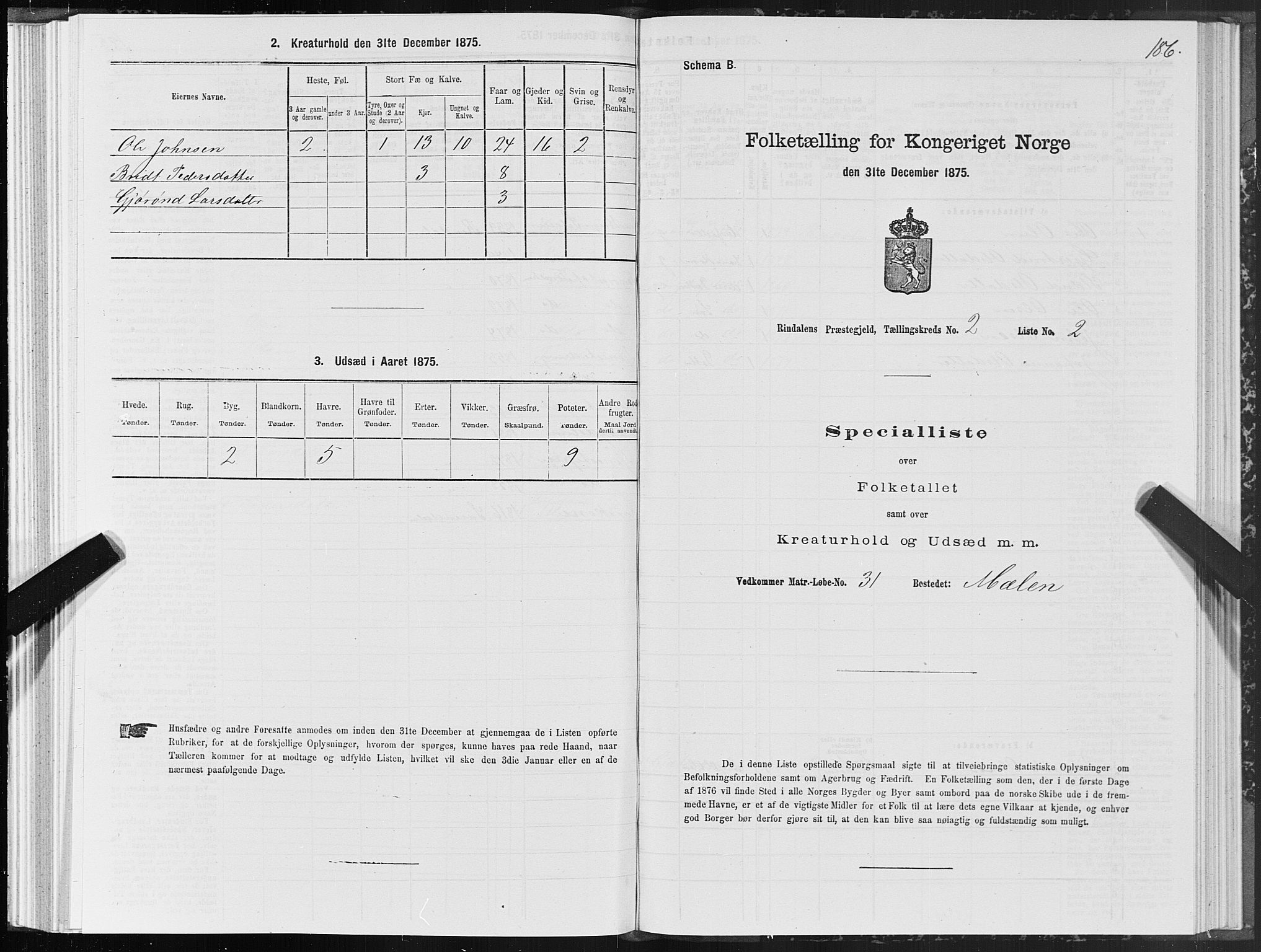 SAT, 1875 census for 1567P Rindal, 1875, p. 1186