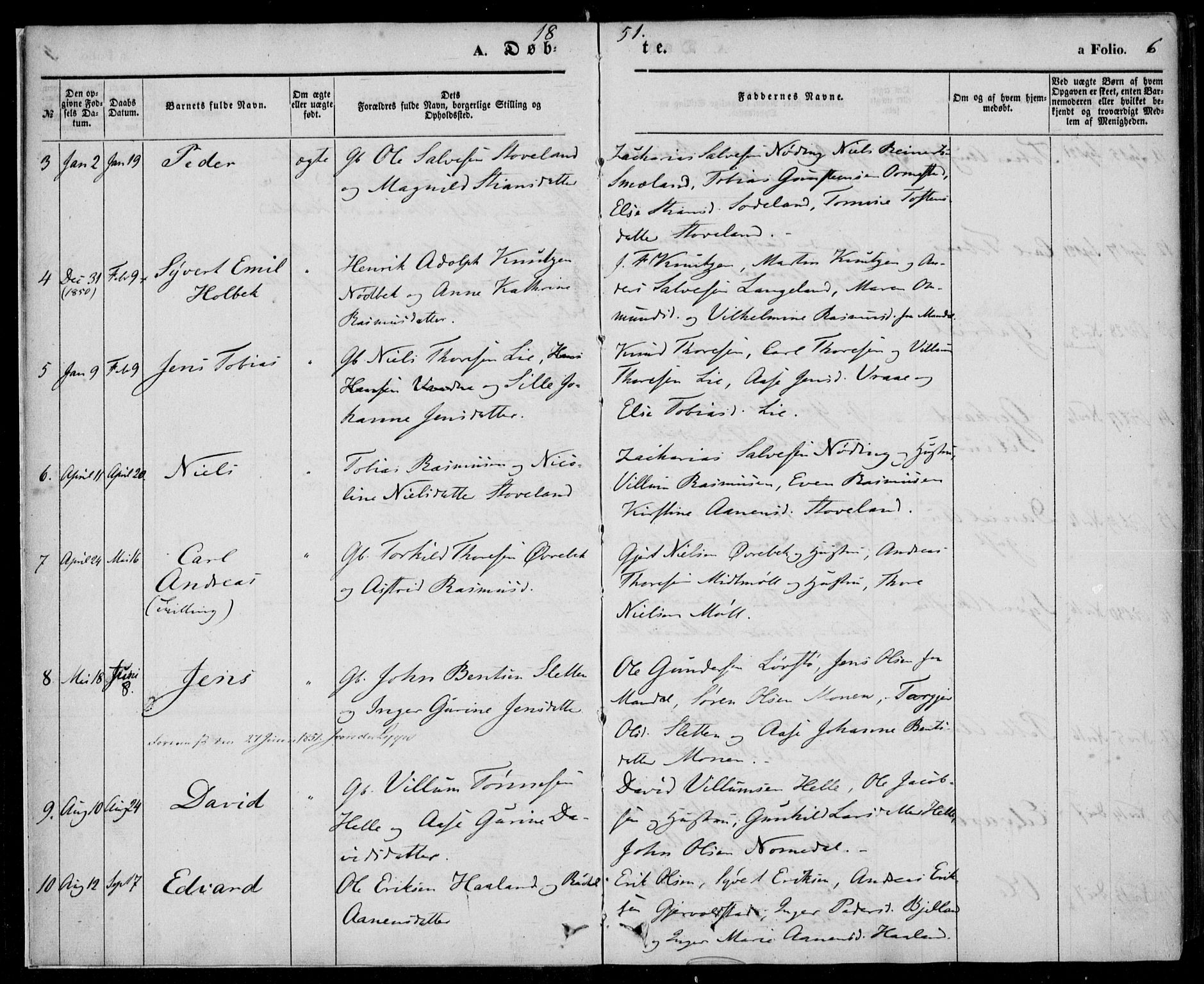 Holum sokneprestkontor, SAK/1111-0022/F/Fa/Faa/L0005: Parish register (official) no. A 5, 1850-1864, p. 6