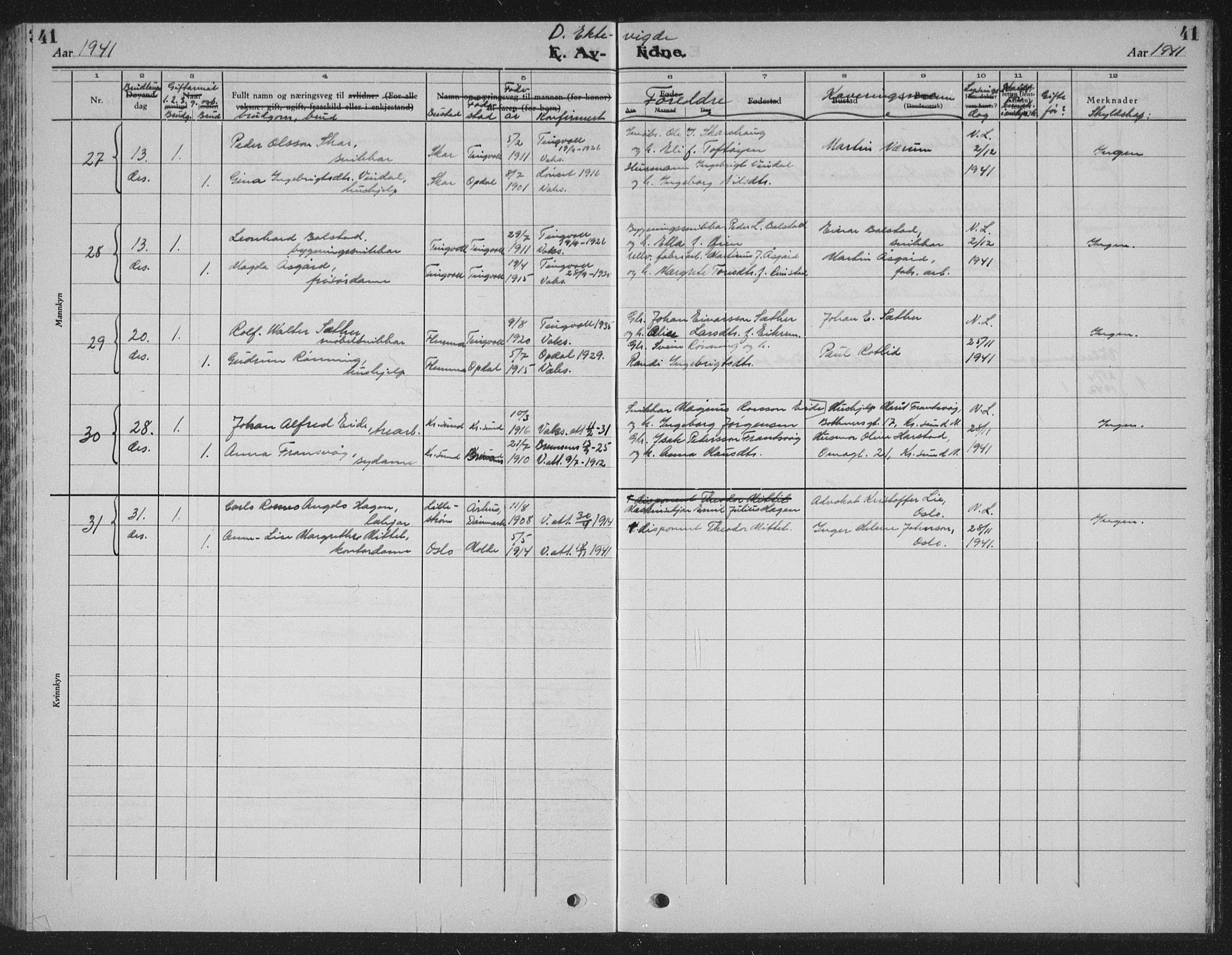 Ministerialprotokoller, klokkerbøker og fødselsregistre - Møre og Romsdal, AV/SAT-A-1454/586/L0995: Parish register (copy) no. 586C06, 1928-1943, p. 41