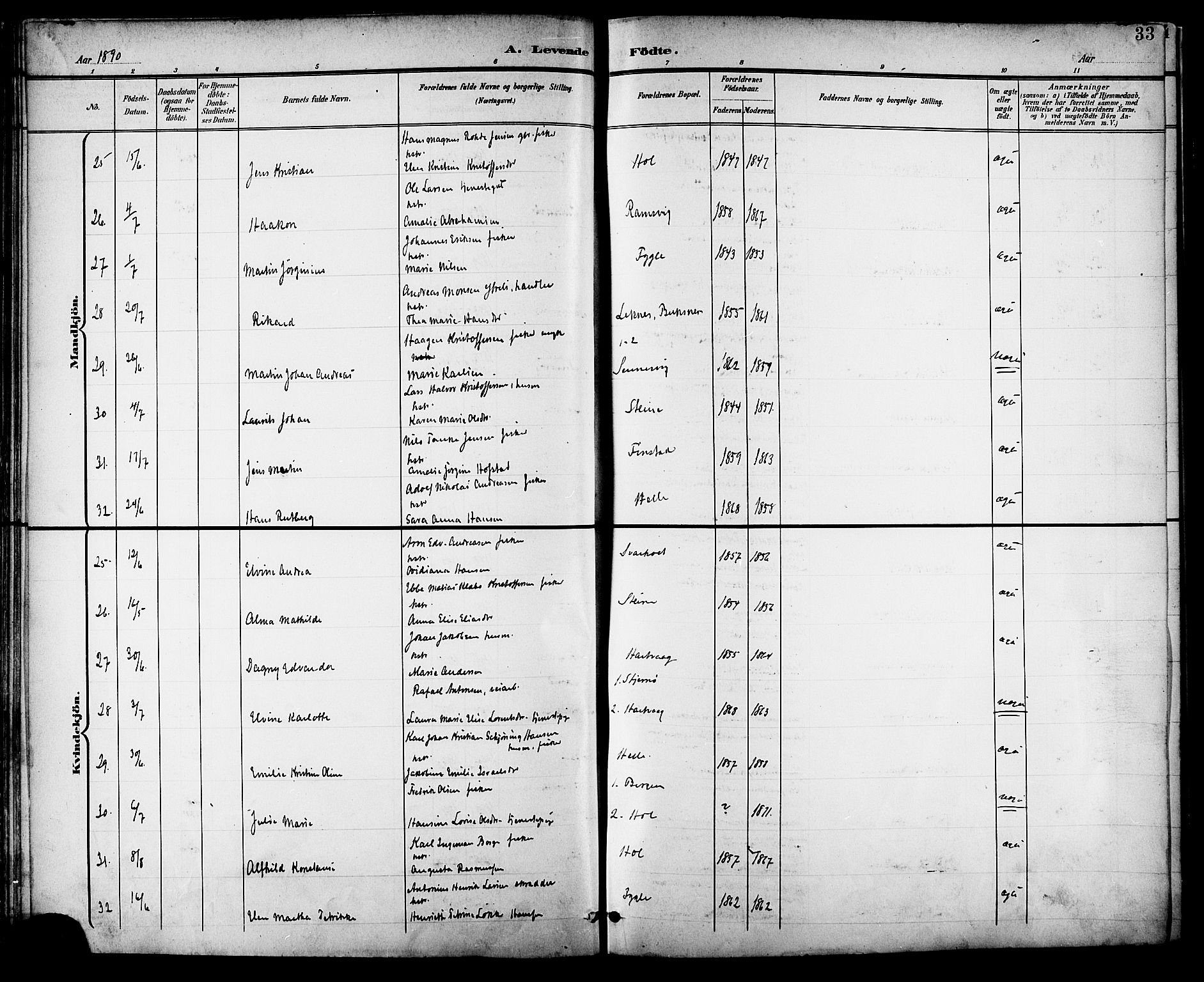 Ministerialprotokoller, klokkerbøker og fødselsregistre - Nordland, AV/SAT-A-1459/882/L1179: Parish register (official) no. 882A01, 1886-1898, p. 33