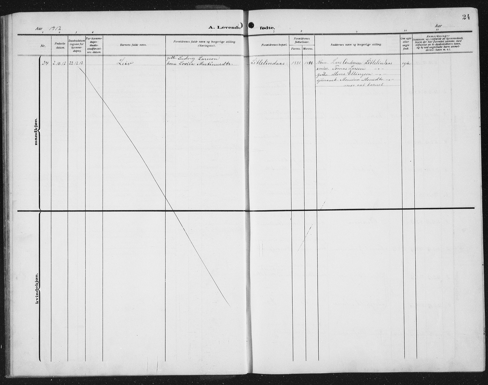 Lindås Sokneprestembete, AV/SAB-A-76701/H/Hab: Parish register (copy) no. C 5, 1910-1927, p. 24