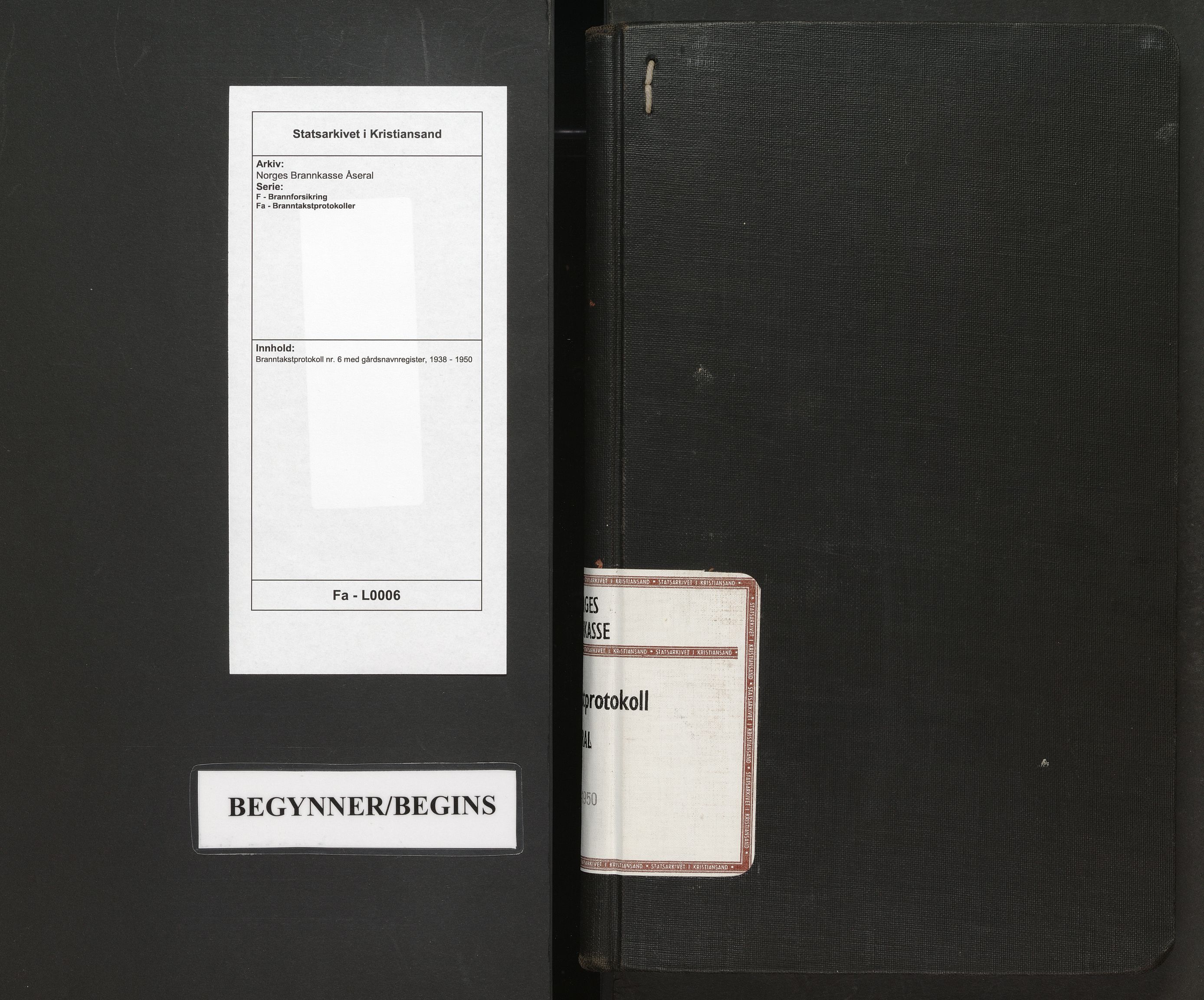 Norges Brannkasse Åseral, AV/SAK-2241-0062/F/Fa/L0006: Branntakstprotokoll nr. 6 med gårdsnavnregister, 1938-1950