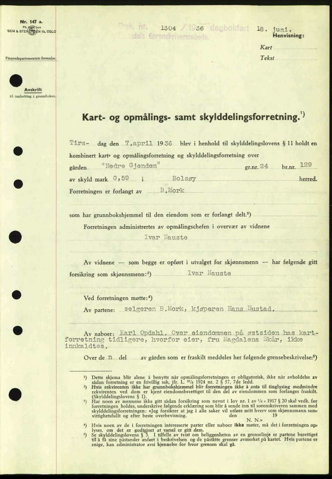 Romsdal sorenskriveri, AV/SAT-A-4149/1/2/2C: Mortgage book no. A1, 1936-1936, Diary no: : 1304/1936