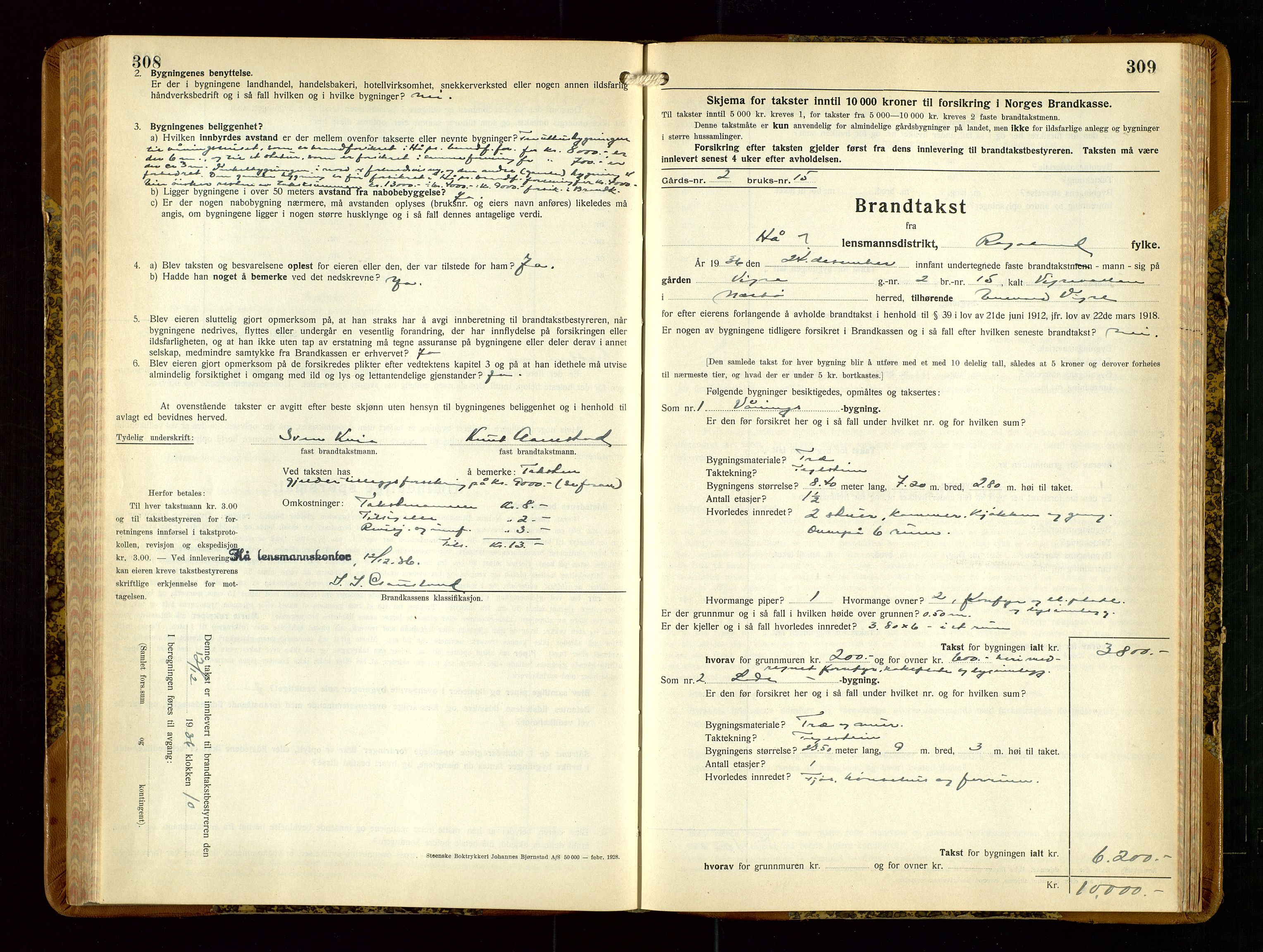 Hå lensmannskontor, AV/SAST-A-100456/Goa/L0006: Takstprotokoll (skjema), 1932-1938, p. 308-309