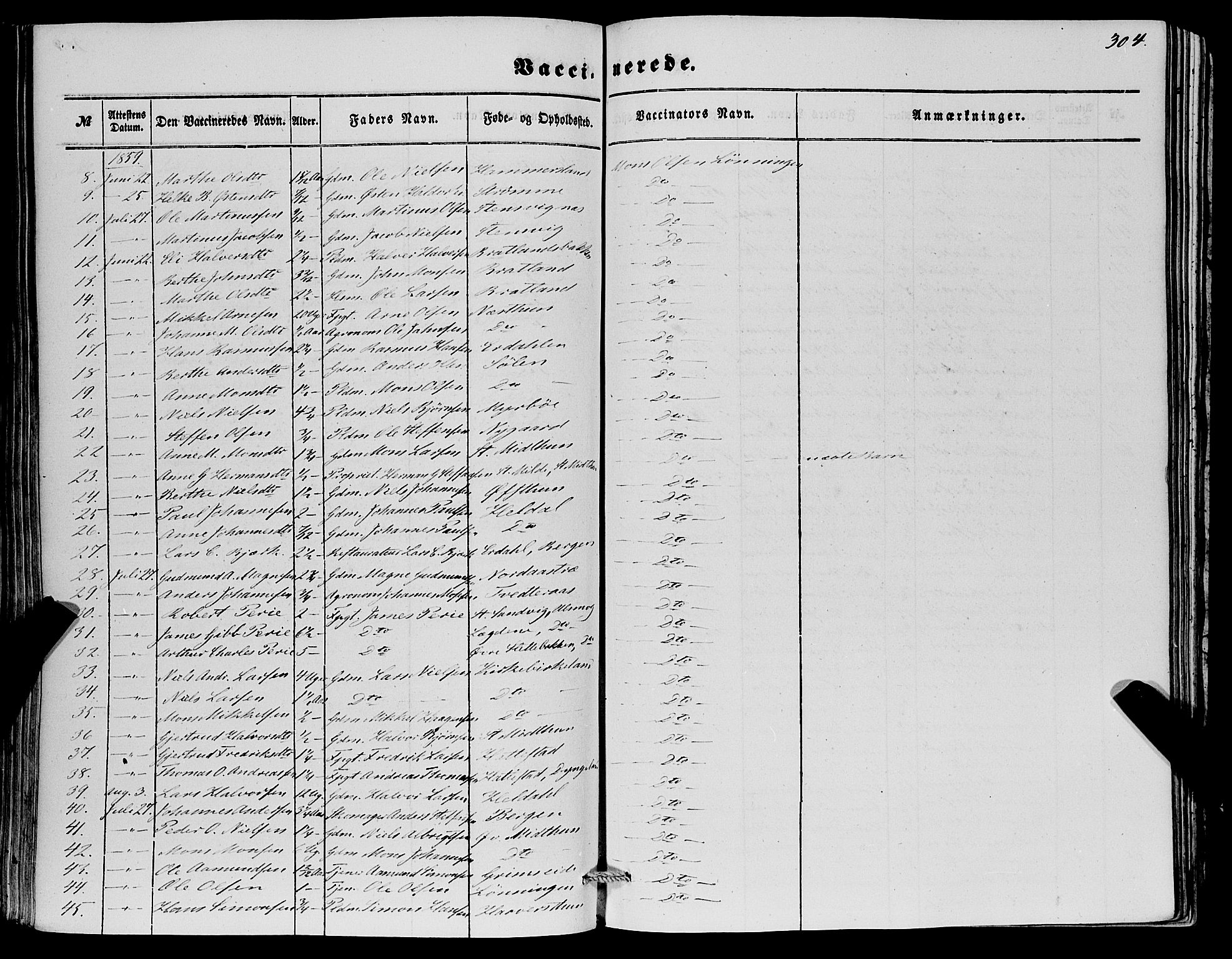 Fana Sokneprestembete, AV/SAB-A-75101/H/Haa/Haaa/L0011: Parish register (official) no. A 11, 1851-1862, p. 304