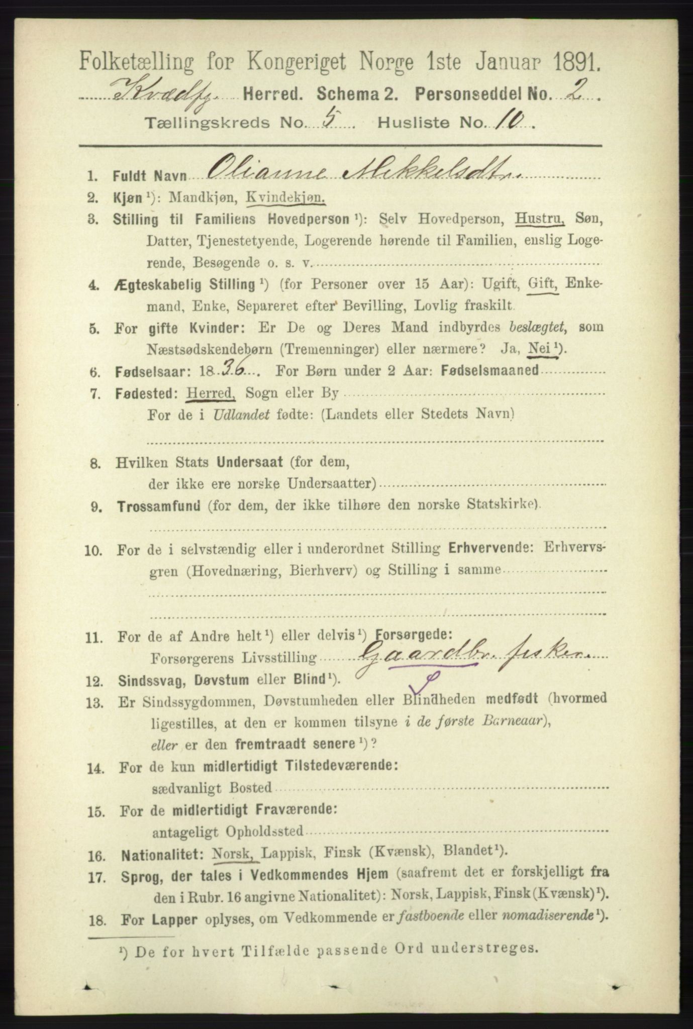 RA, 1891 census for 1911 Kvæfjord, 1891, p. 2917