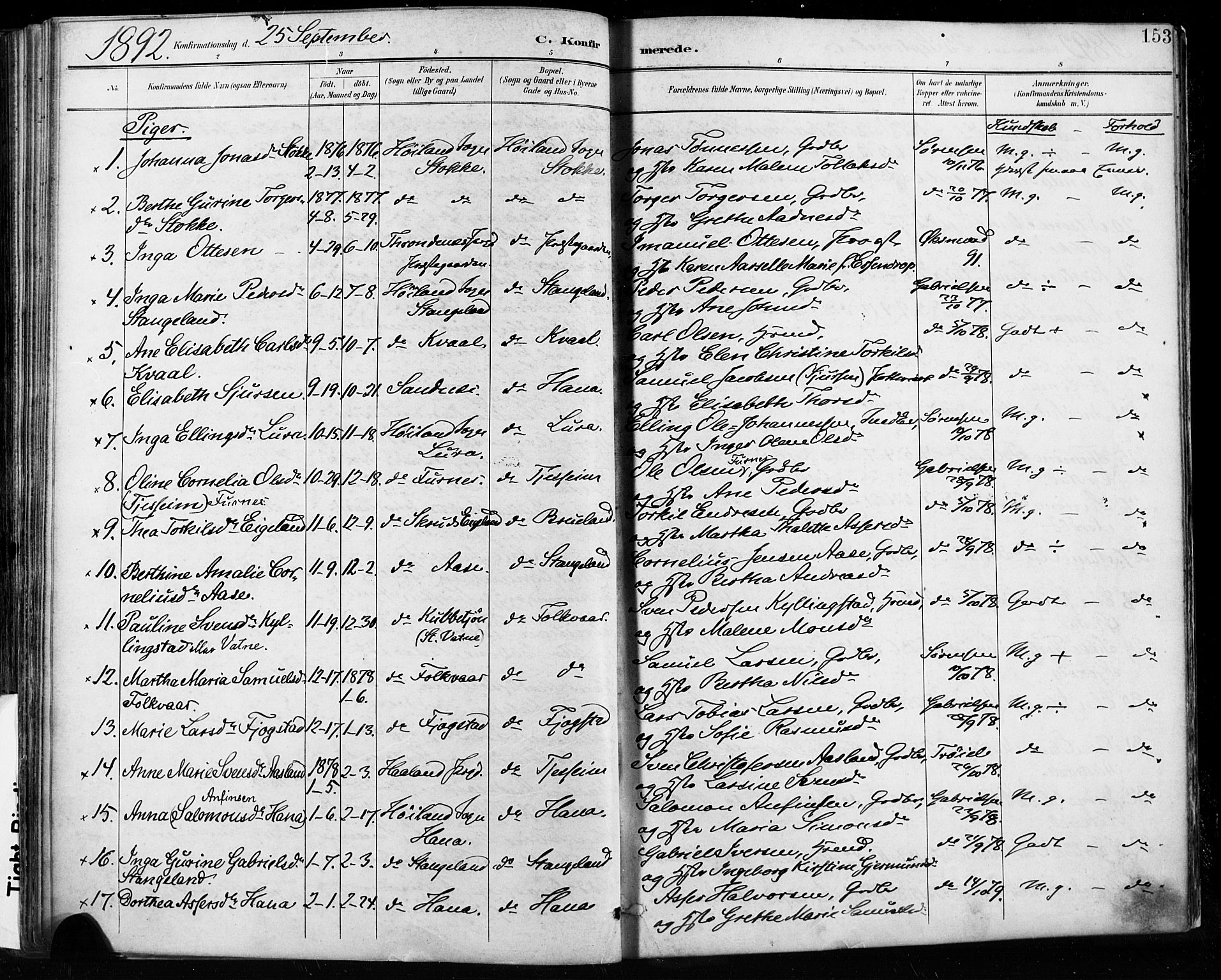 Høyland sokneprestkontor, AV/SAST-A-101799/001/30BA/L0013: Parish register (official) no. A 13.1, 1889-1898, p. 153