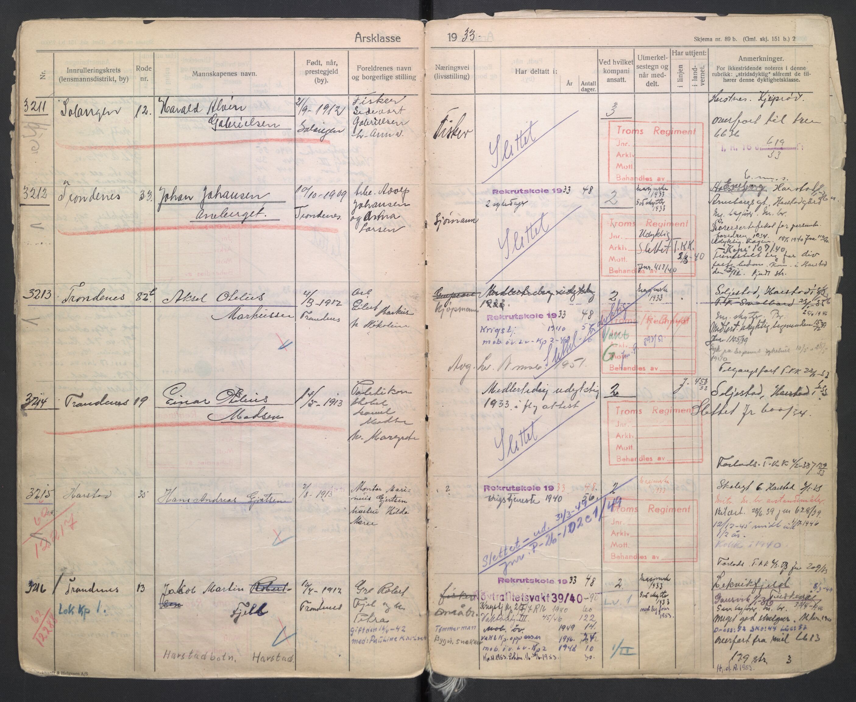 Forsvaret, Troms infanteriregiment nr. 16, AV/RA-RAFA-3146/P/Pa/L0006/0004: Ruller / Rulle for Trondenes bataljons menige mannskaper, årsklasse 1933, 1933