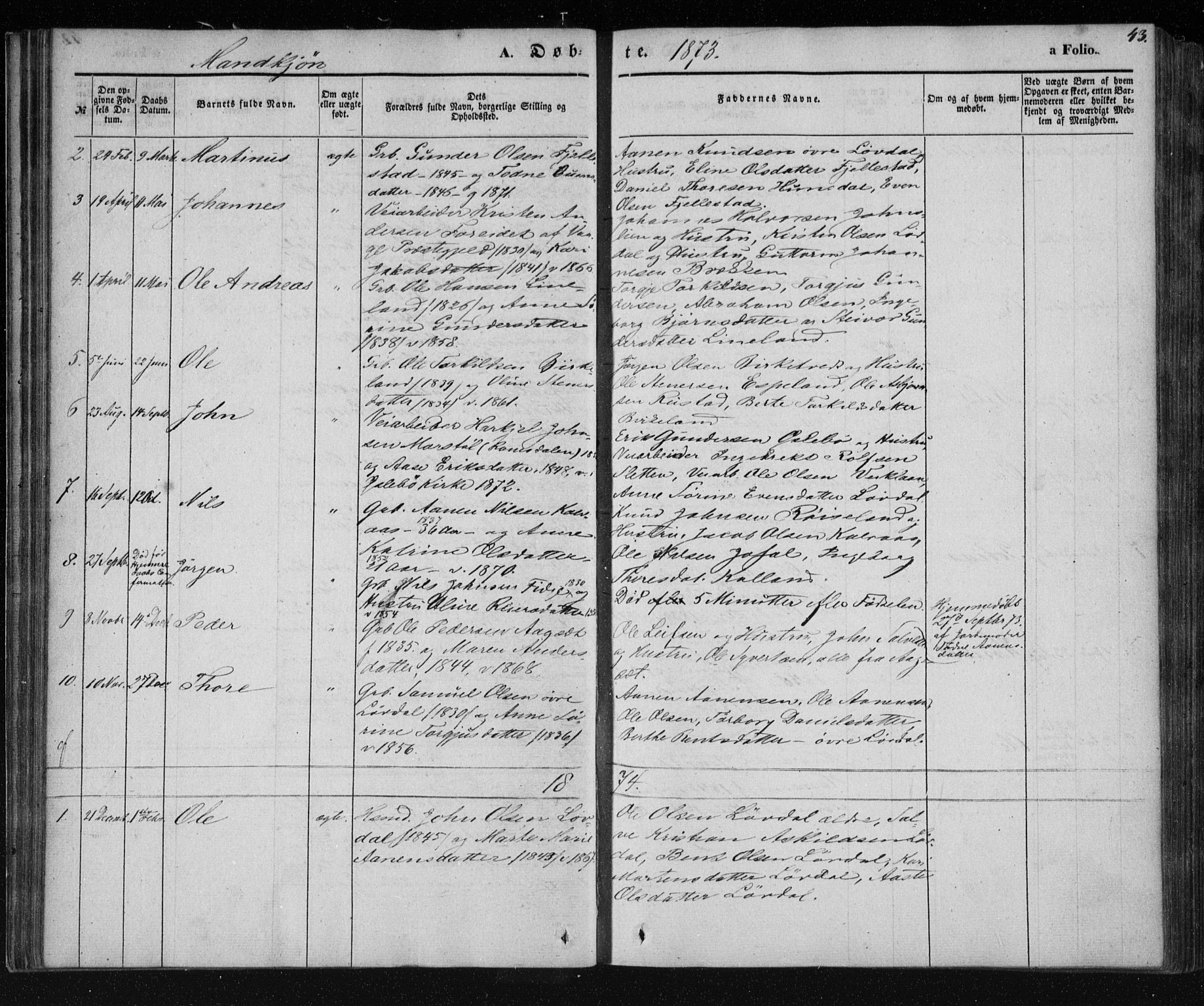 Holum sokneprestkontor, AV/SAK-1111-0022/F/Fa/Fab/L0005: Parish register (official) no. A 5, 1847-1874, p. 43