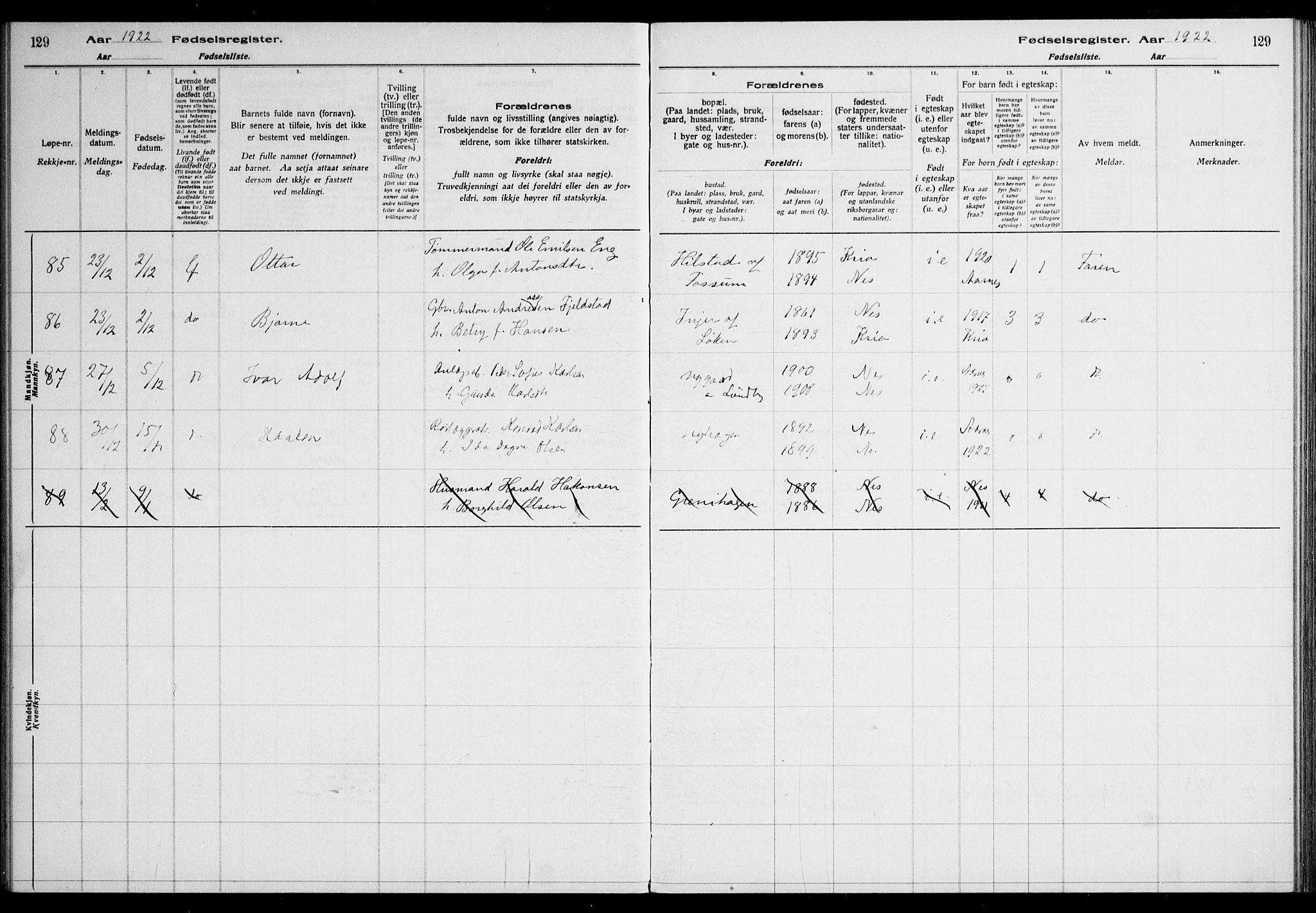 Nes prestekontor Kirkebøker, AV/SAO-A-10410/J/Ja/L0001: Birth register no. 1, 1916-1926, p. 129