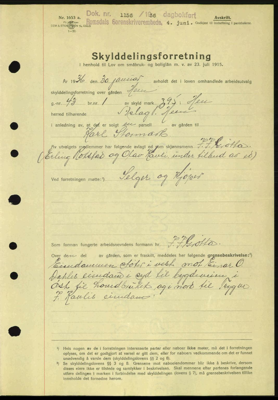 Romsdal sorenskriveri, AV/SAT-A-4149/1/2/2C: Mortgage book no. A1, 1936-1936, Diary no: : 1156/1936