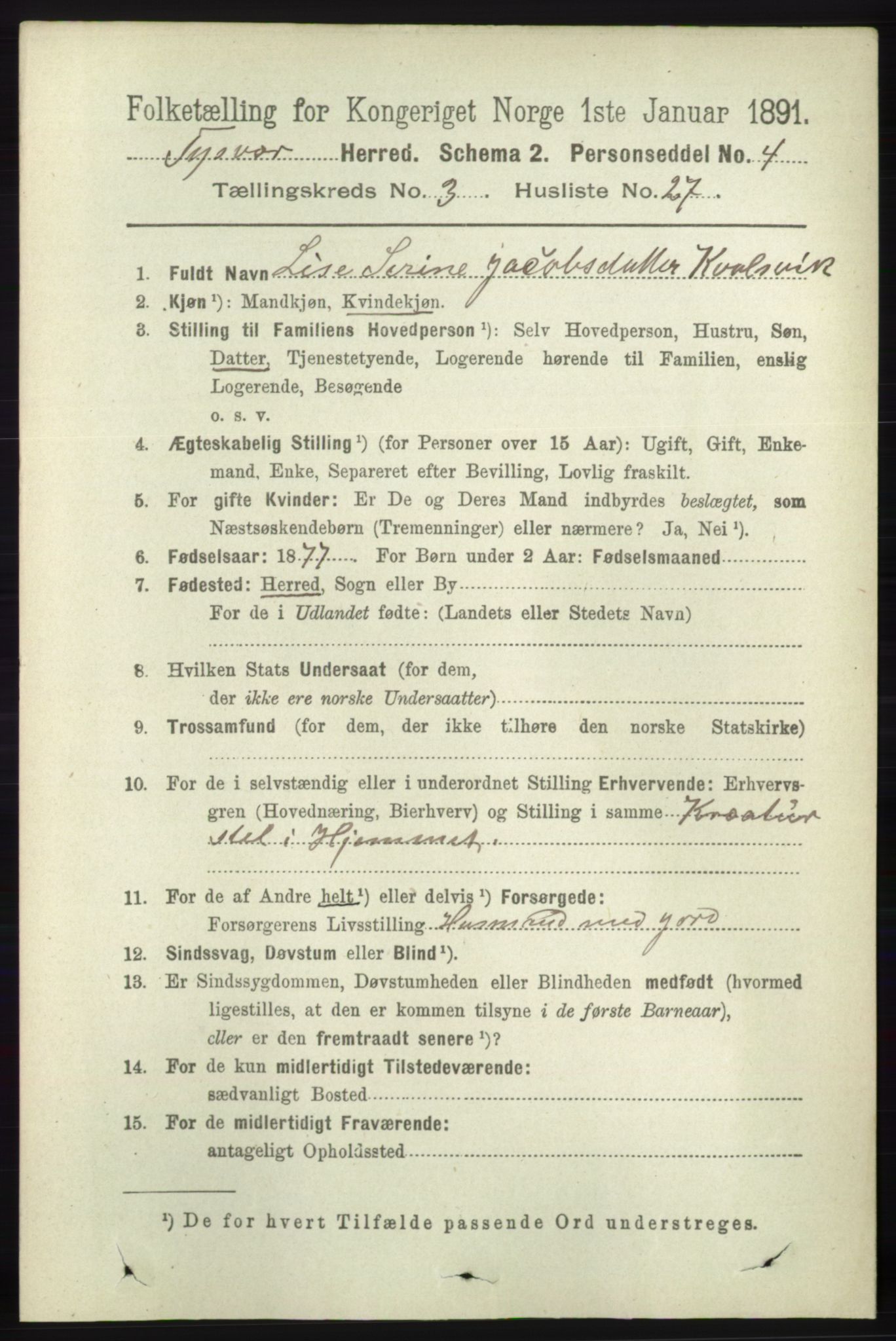 RA, 1891 census for 1146 Tysvær, 1891, p. 1365