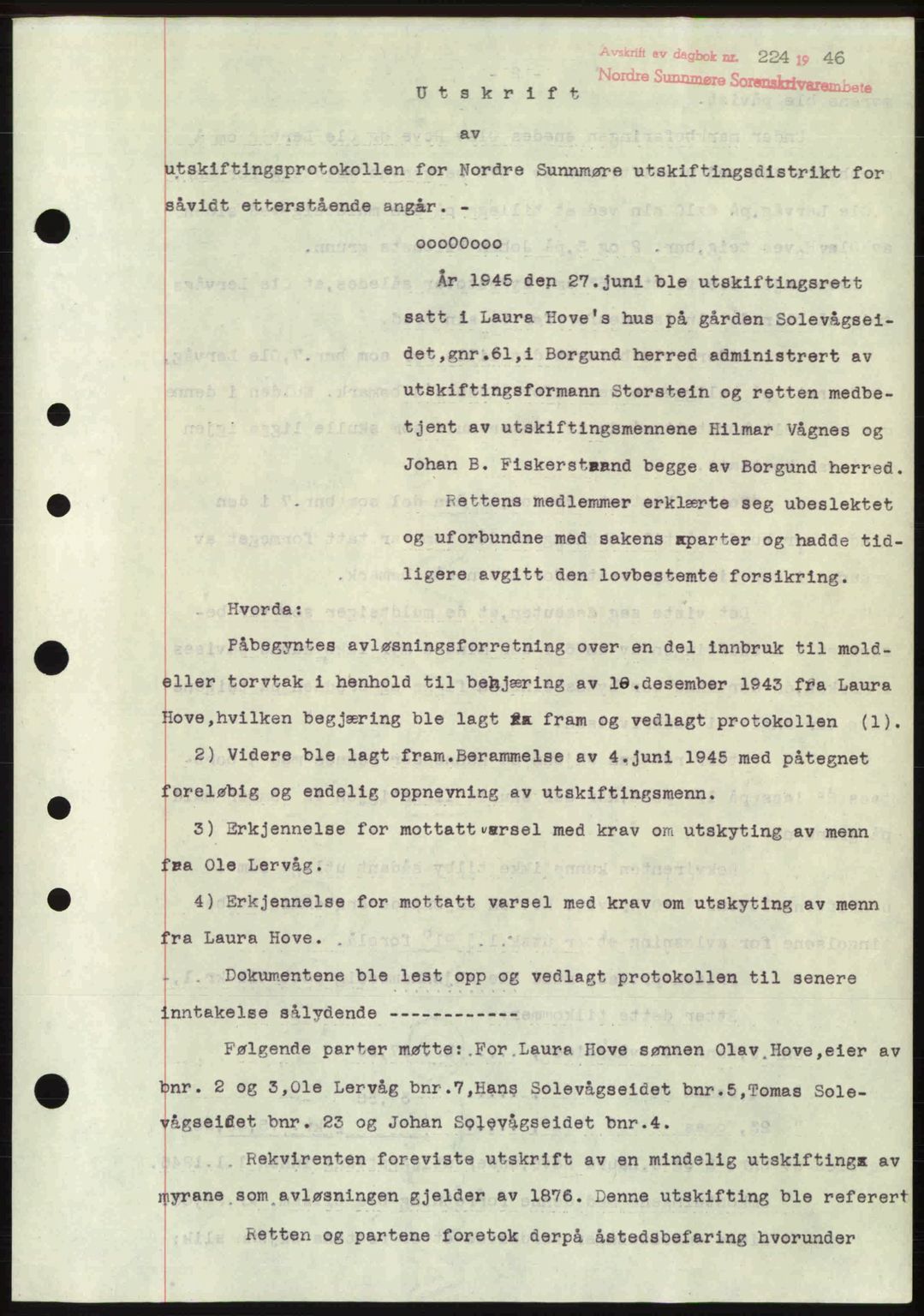 Nordre Sunnmøre sorenskriveri, AV/SAT-A-0006/1/2/2C/2Ca: Mortgage book no. A20b, 1946-1946, Diary no: : 224/1946