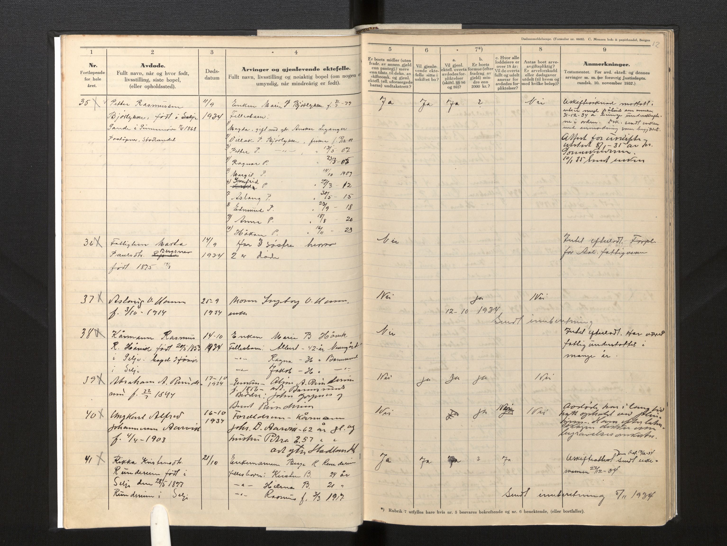 Lensmannen i Selje, AV/SAB-A-29701/0006/L0011: Dødsfallprotokoll, 1933-1945, p. 12