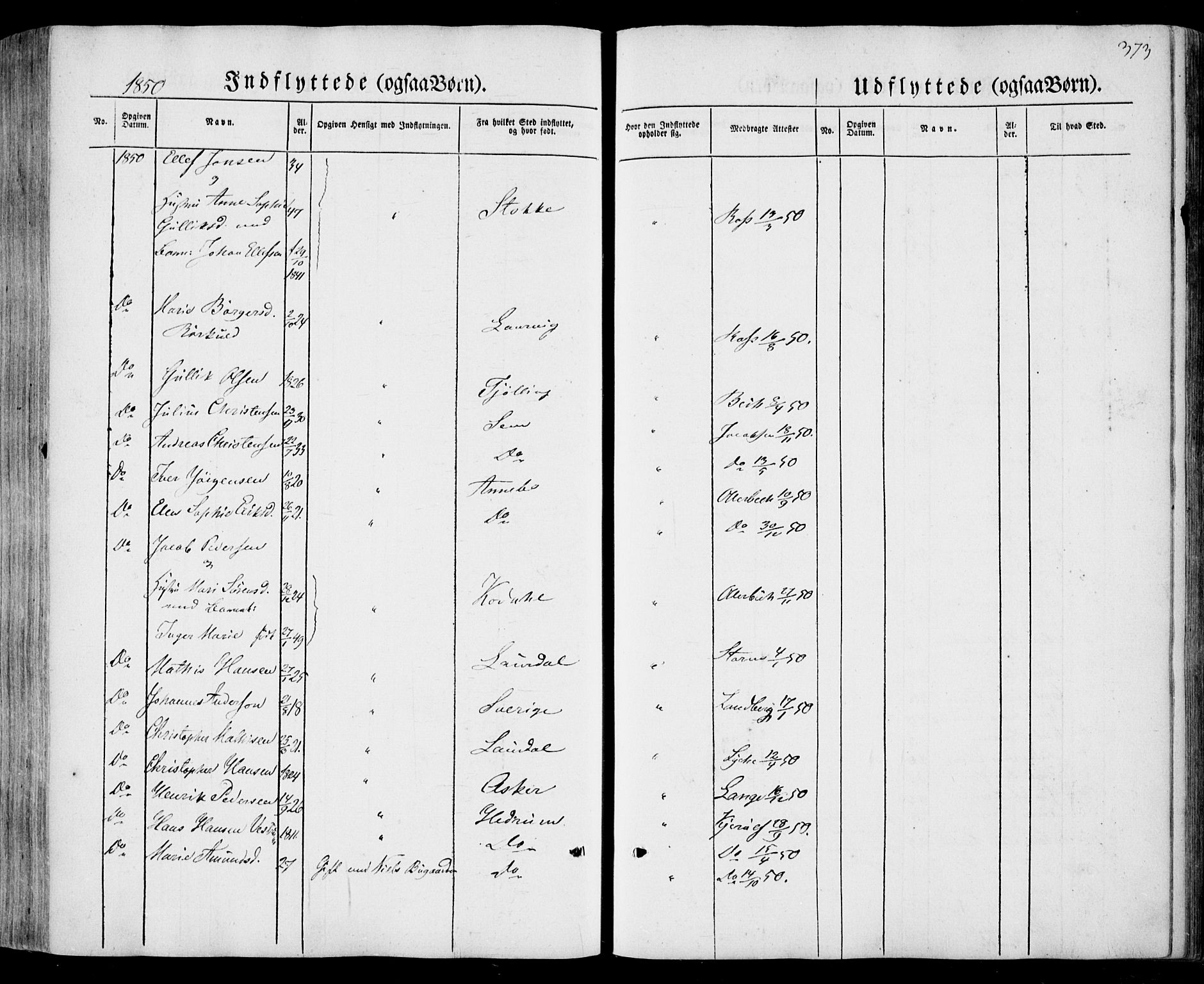 Sandar kirkebøker, SAKO/A-243/F/Fa/L0006: Parish register (official) no. 6, 1847-1860, p. 373