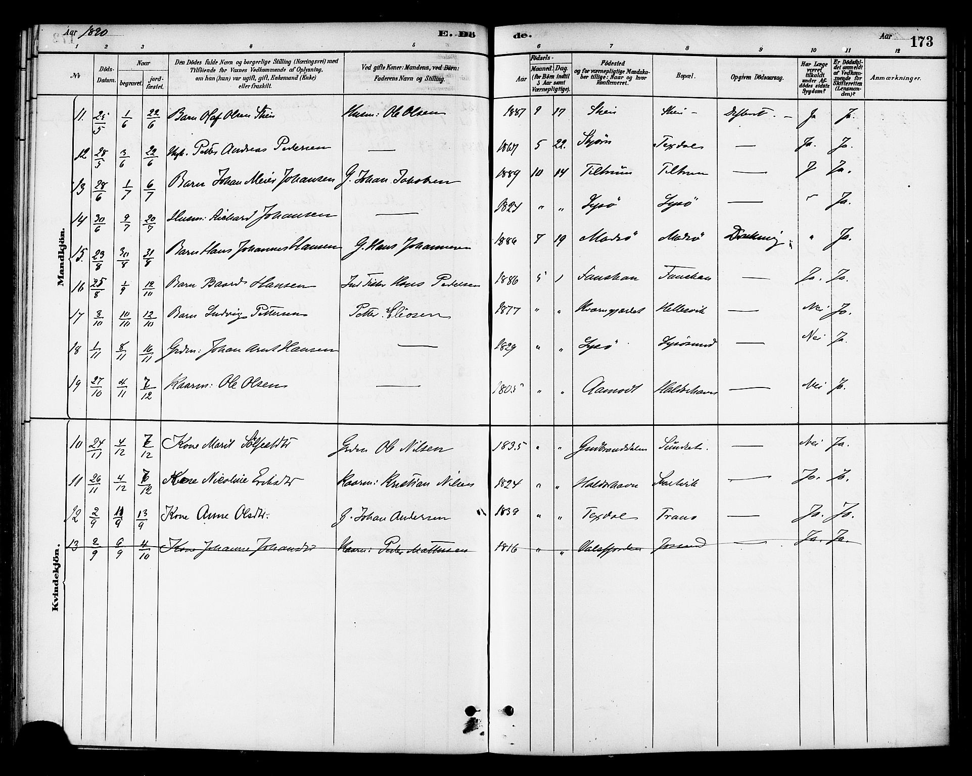 Ministerialprotokoller, klokkerbøker og fødselsregistre - Sør-Trøndelag, SAT/A-1456/654/L0663: Parish register (official) no. 654A01, 1880-1894, p. 173