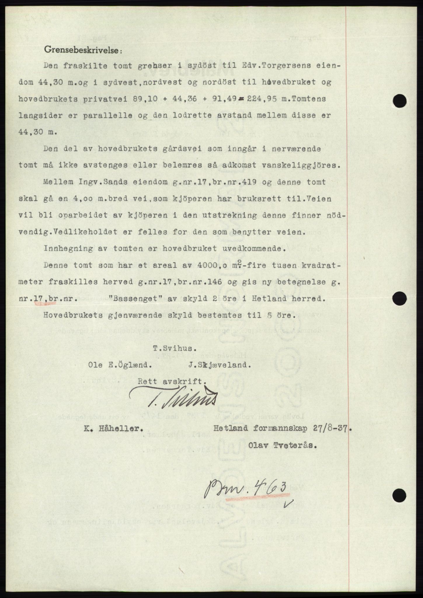 Jæren sorenskriveri, SAST/A-100310/03/G/Gba/L0069: Mortgage book, 1937-1937, Diary no: : 3047/1937