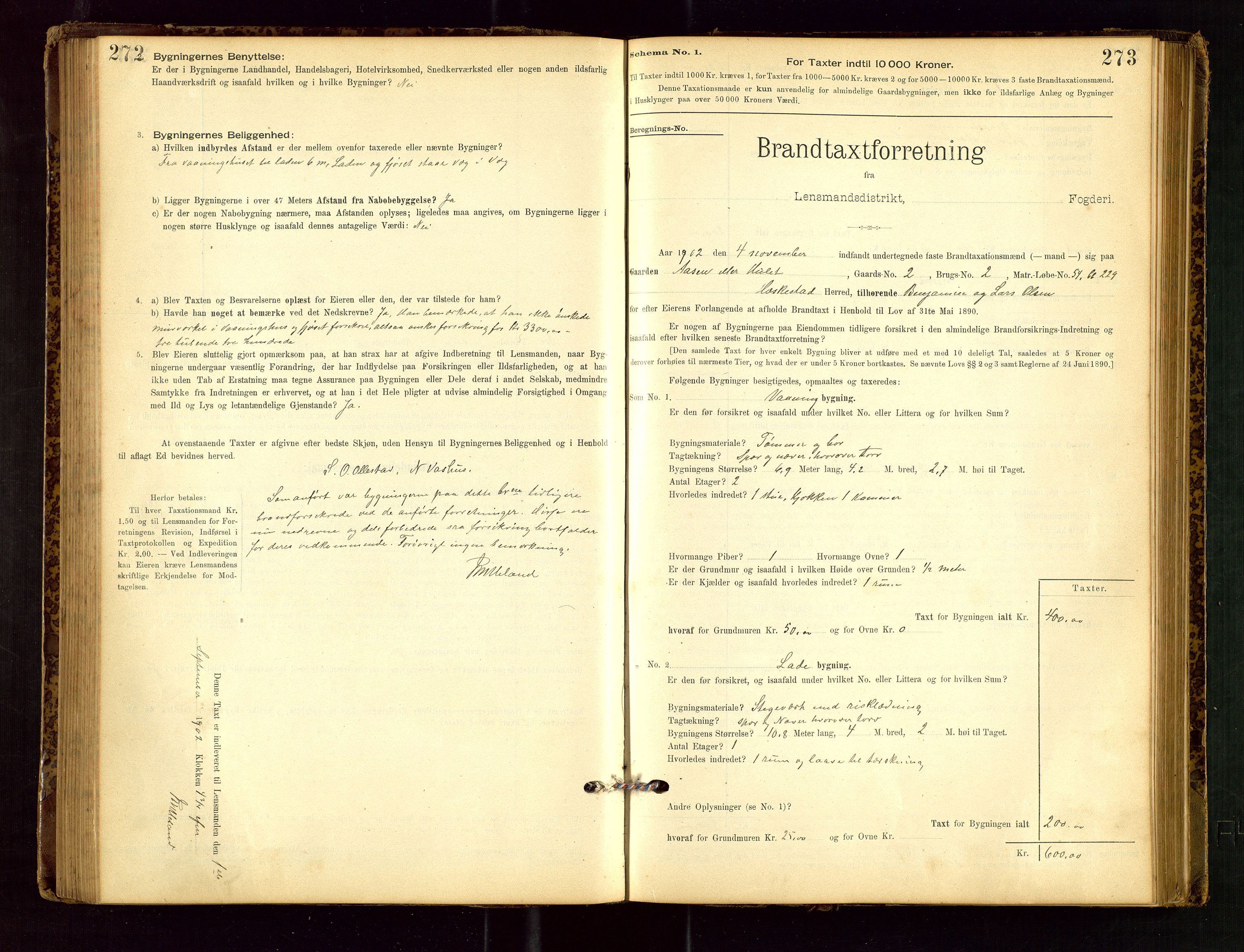 Heskestad lensmannskontor, SAST/A-100304/Gob/L0001: "Brandtaxationsprotokol", 1894-1915, p. 272-273