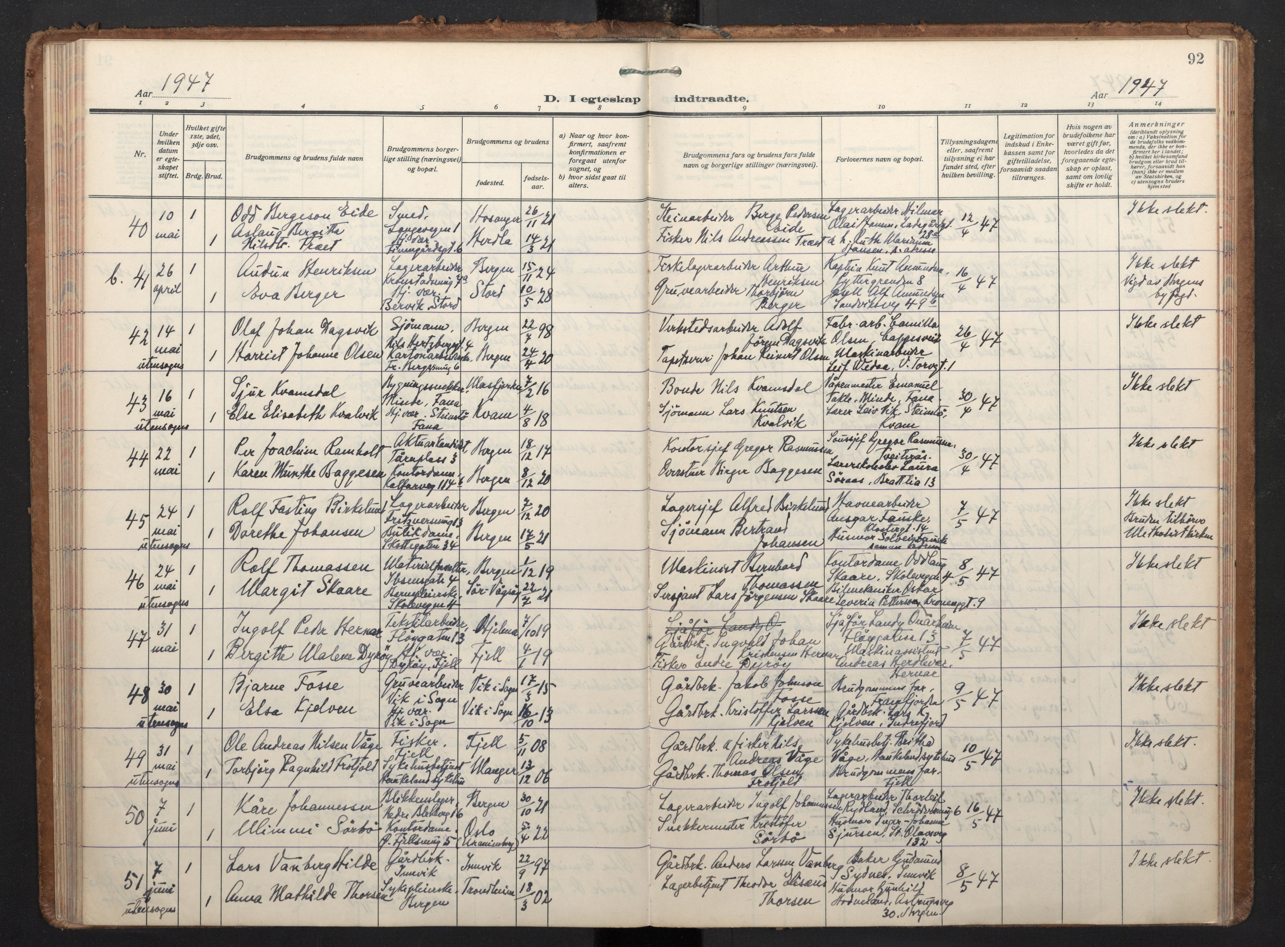 Korskirken sokneprestembete, AV/SAB-A-76101/H/Haa/L0040: Parish register (official) no. D 7, 1938-1952, p. 91b-92a