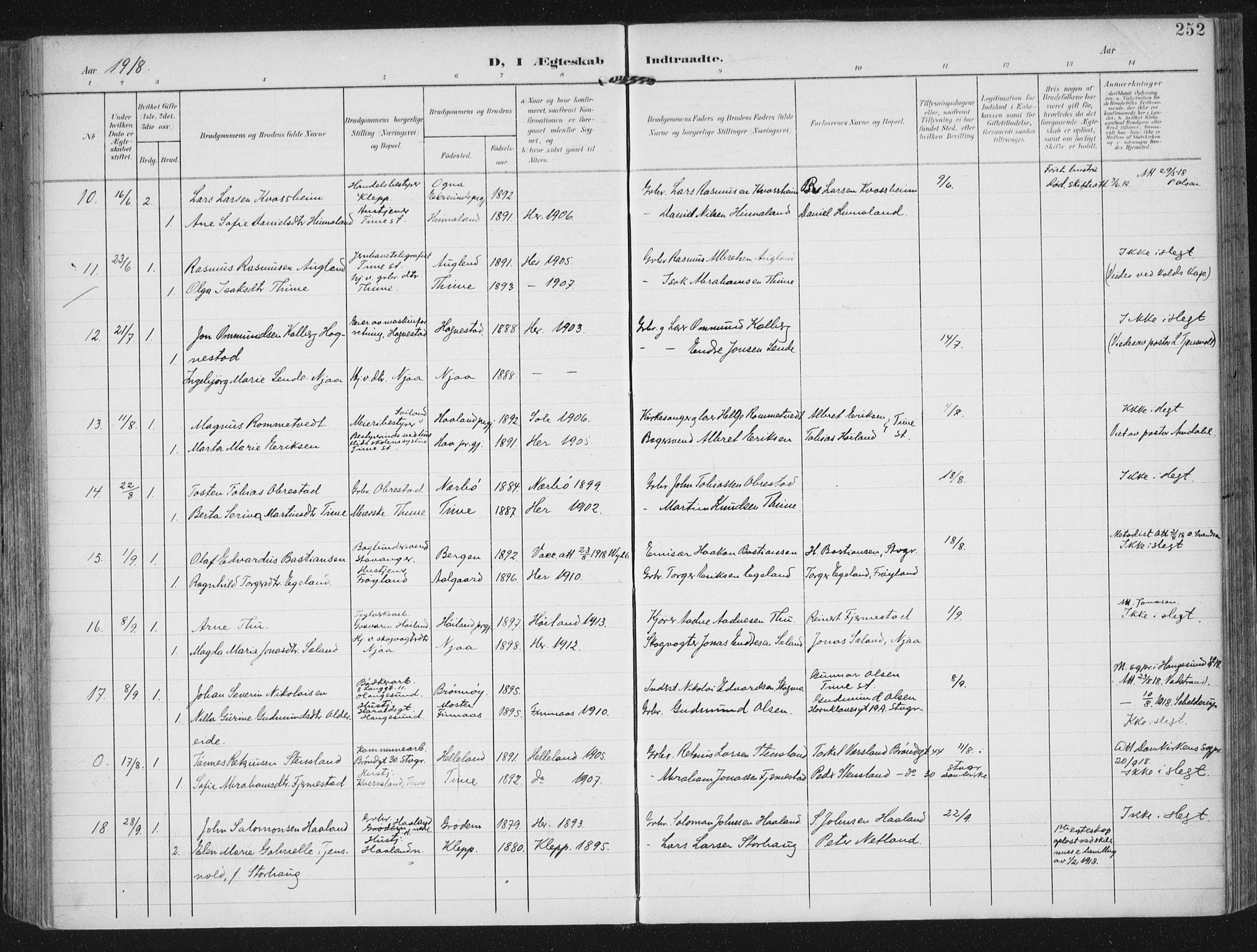 Lye sokneprestkontor, AV/SAST-A-101794/002/A/L0001: Parish register (official) no. A 12, 1904-1920, p. 252