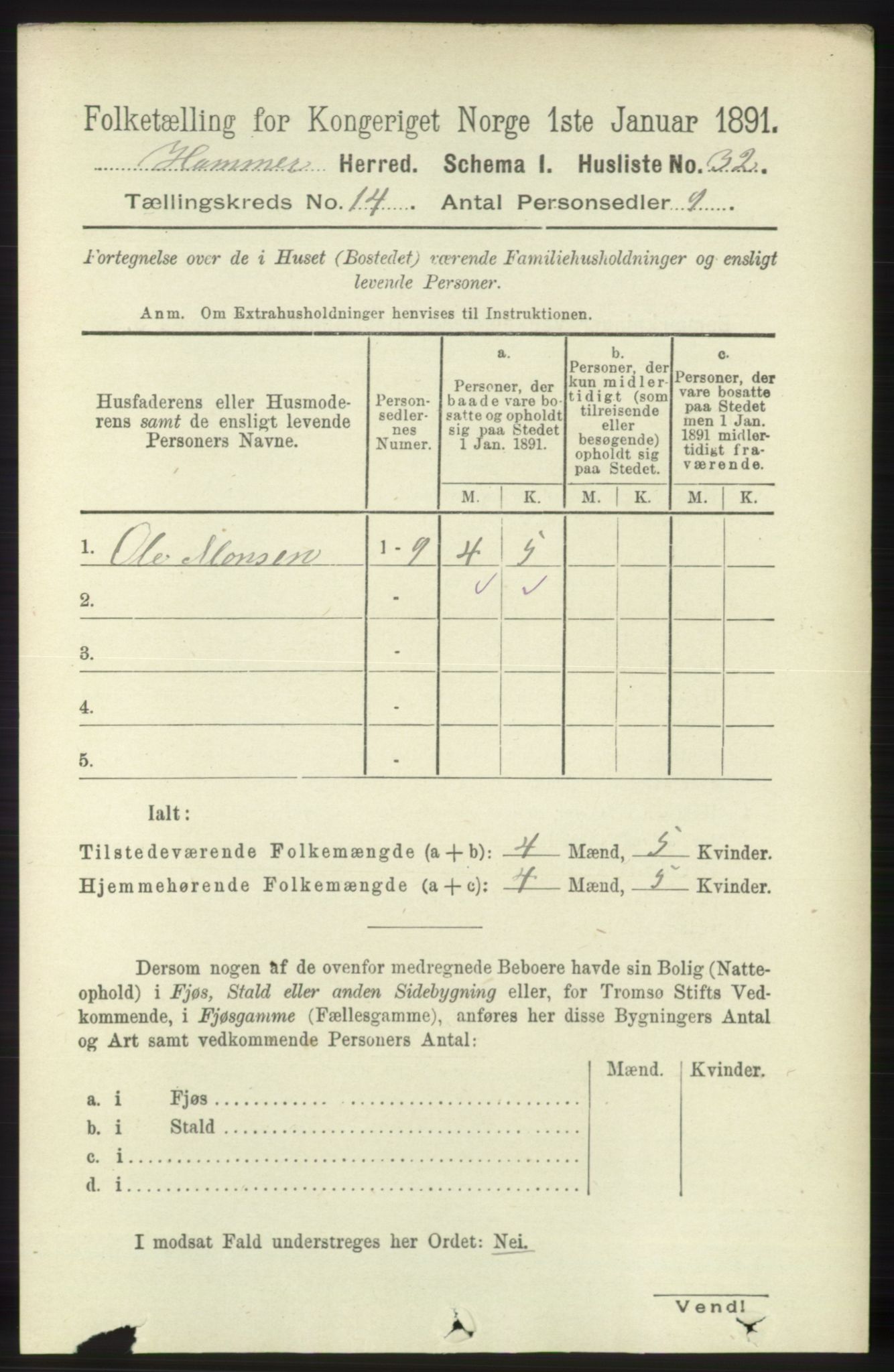 RA, 1891 census for 1254 Hamre, 1891, p. 4386