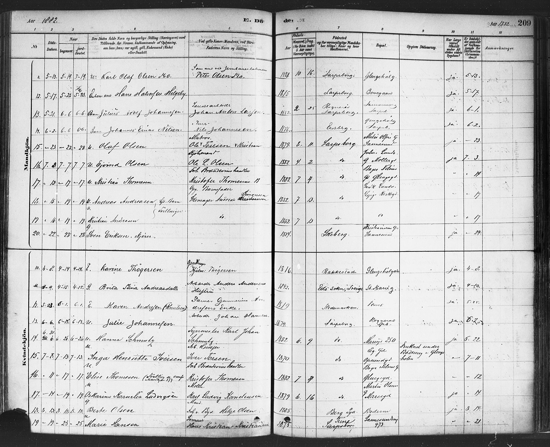 Sarpsborg prestekontor Kirkebøker, AV/SAO-A-2006/F/Fa/L0003: Parish register (official) no. 3, 1878-1891, p. 209