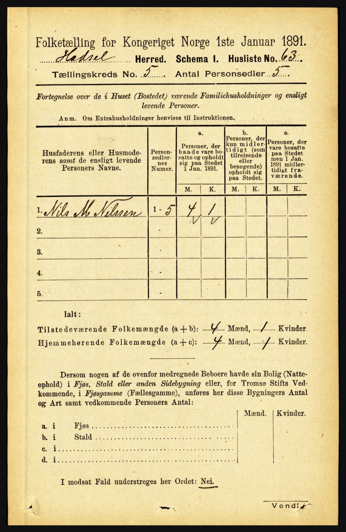 RA, 1891 census for 1866 Hadsel, 1891, p. 2119