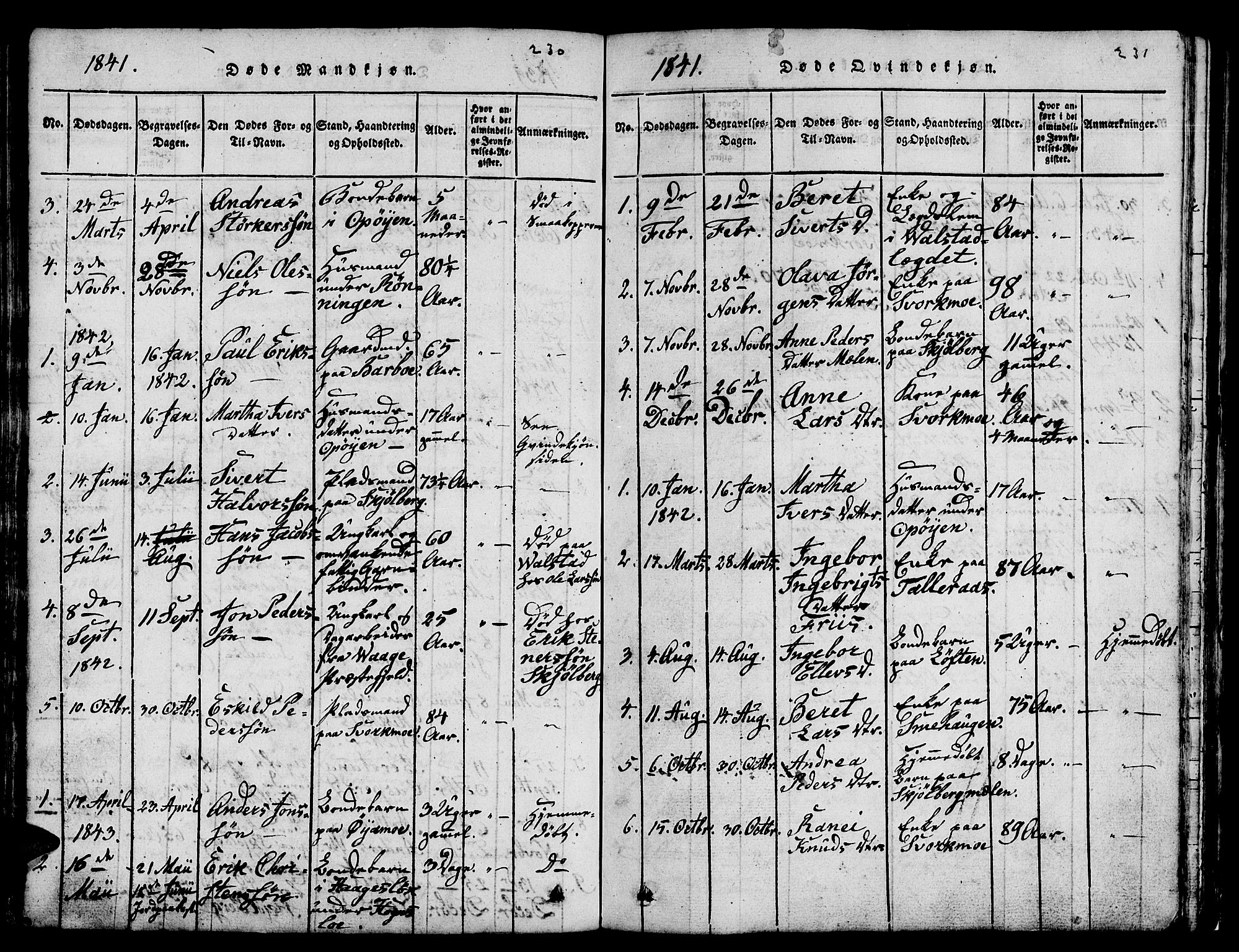 Ministerialprotokoller, klokkerbøker og fødselsregistre - Sør-Trøndelag, SAT/A-1456/671/L0842: Parish register (copy) no. 671C01, 1816-1867, p. 230-231