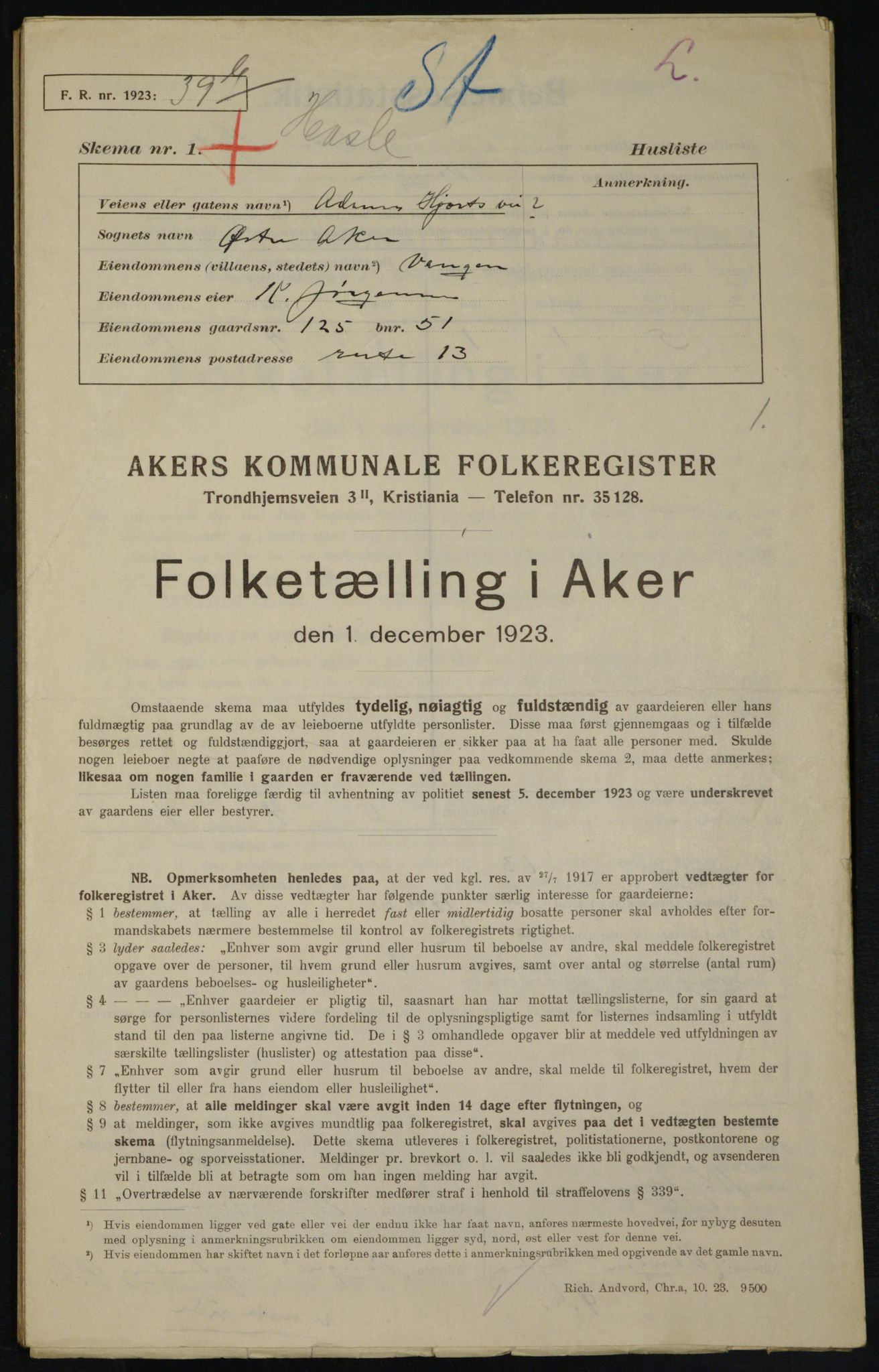 , Municipal Census 1923 for Aker, 1923, p. 22479