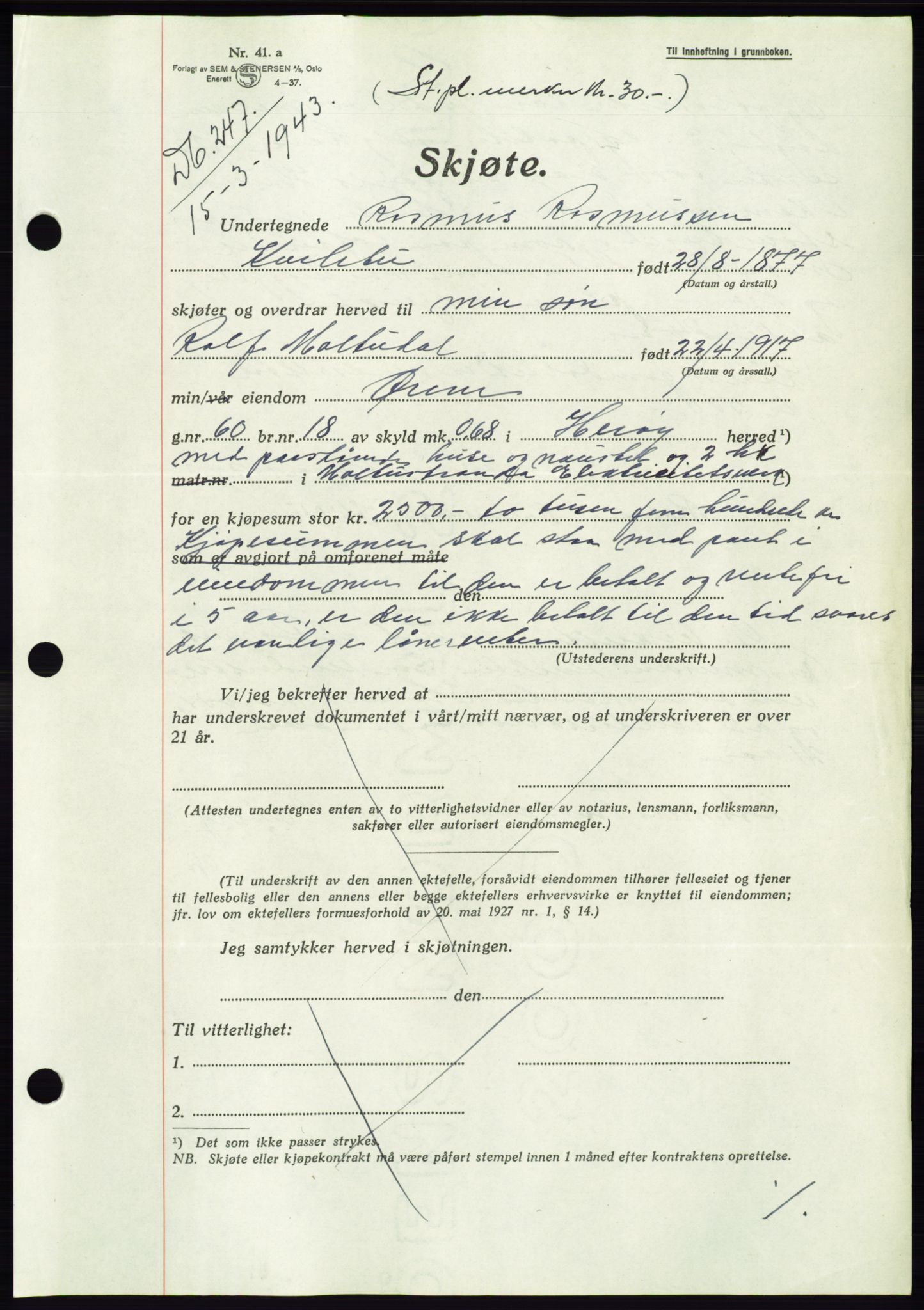 Søre Sunnmøre sorenskriveri, AV/SAT-A-4122/1/2/2C/L0075: Mortgage book no. 1A, 1943-1943, Diary no: : 247/1943