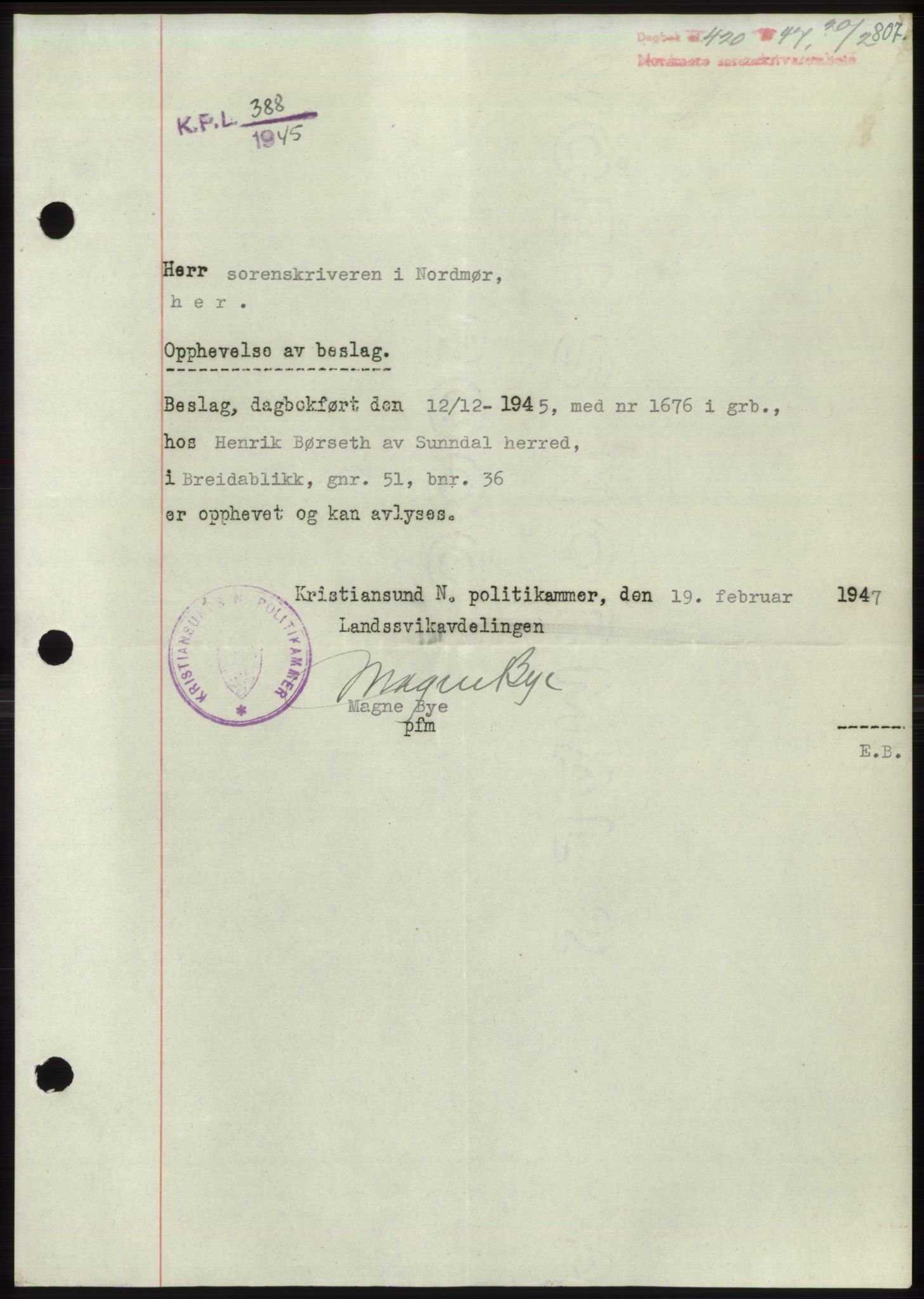 Nordmøre sorenskriveri, AV/SAT-A-4132/1/2/2Ca: Mortgage book no. B95, 1946-1947, Diary no: : 420/1947