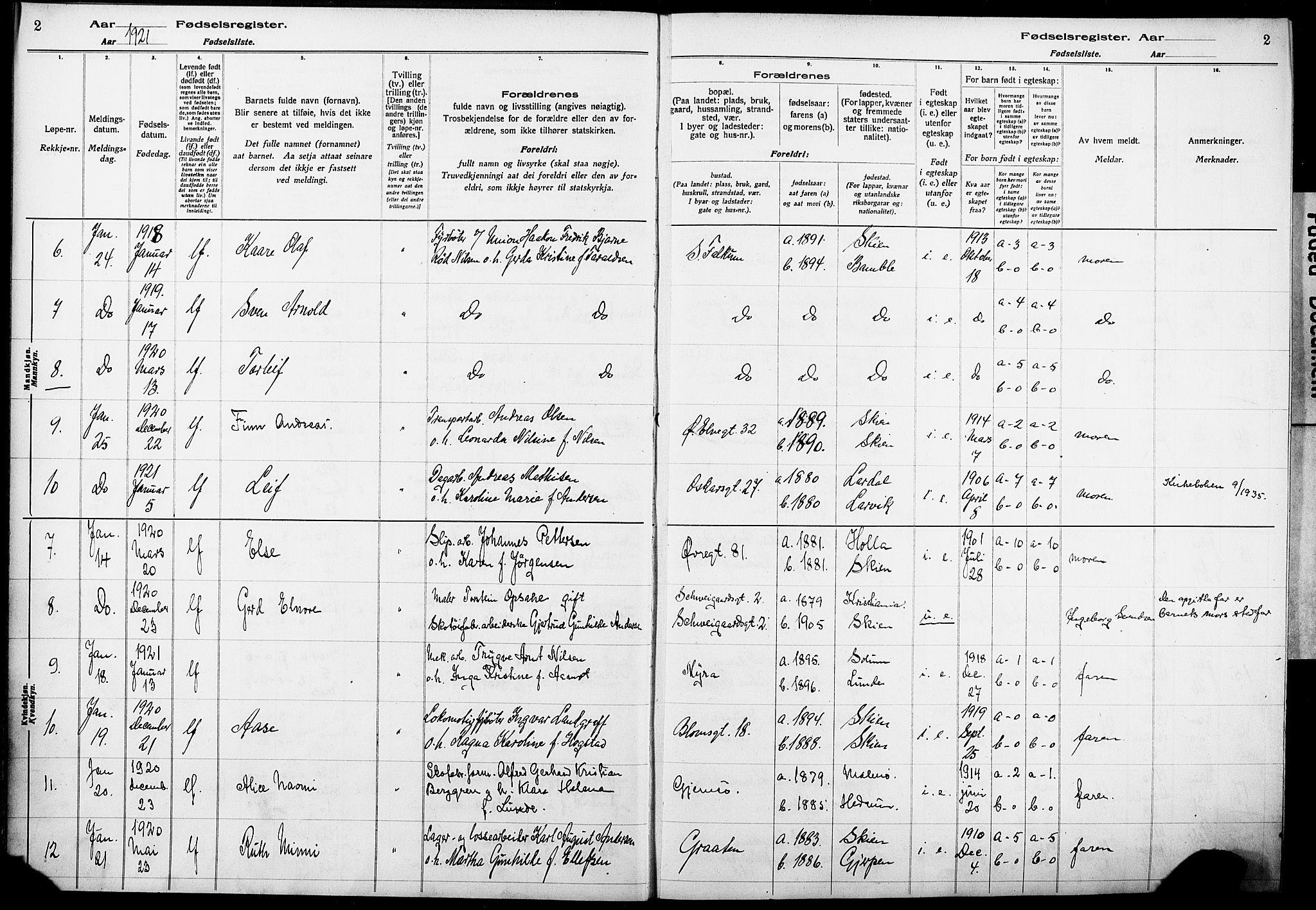 Skien kirkebøker, AV/SAKO-A-302/J/Ja/L0002: Birth register no. 2, 1921-1927, p. 2