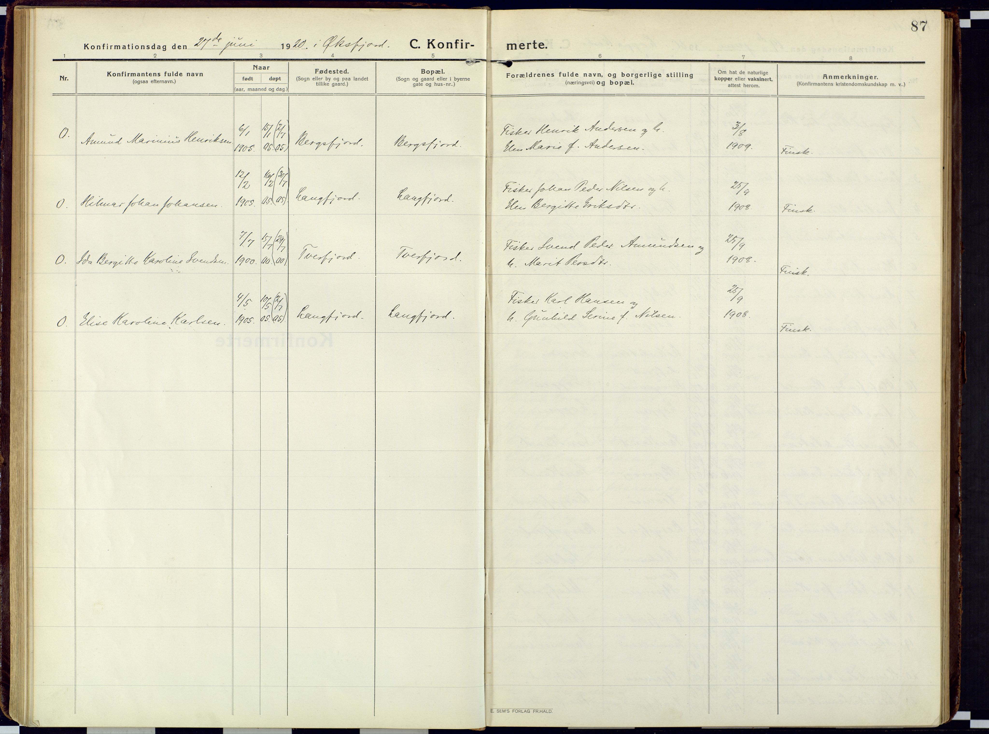 Loppa sokneprestkontor, SATØ/S-1339/H/Ha/L0013kirke: Parish register (official) no. 13, 1920-1932, p. 87