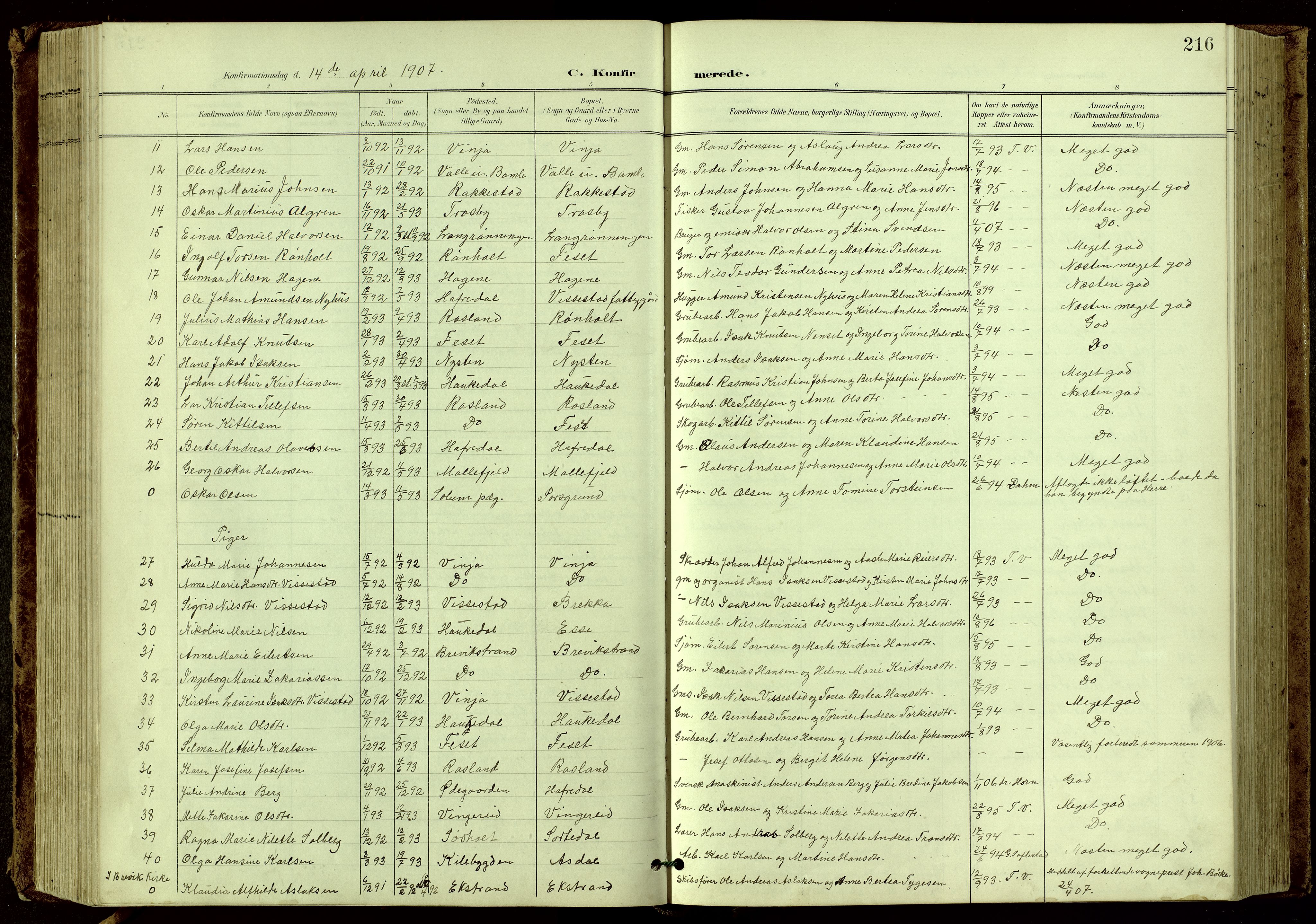 Bamble kirkebøker, SAKO/A-253/G/Ga/L0010: Parish register (copy) no. I 10, 1901-1919, p. 216
