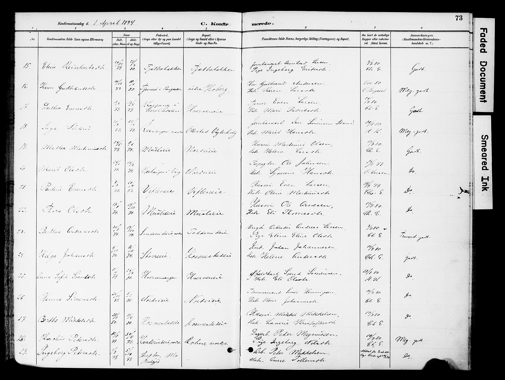 Stange prestekontor, SAH/PREST-002/K/L0021: Parish register (official) no. 21, 1891-1902, p. 73