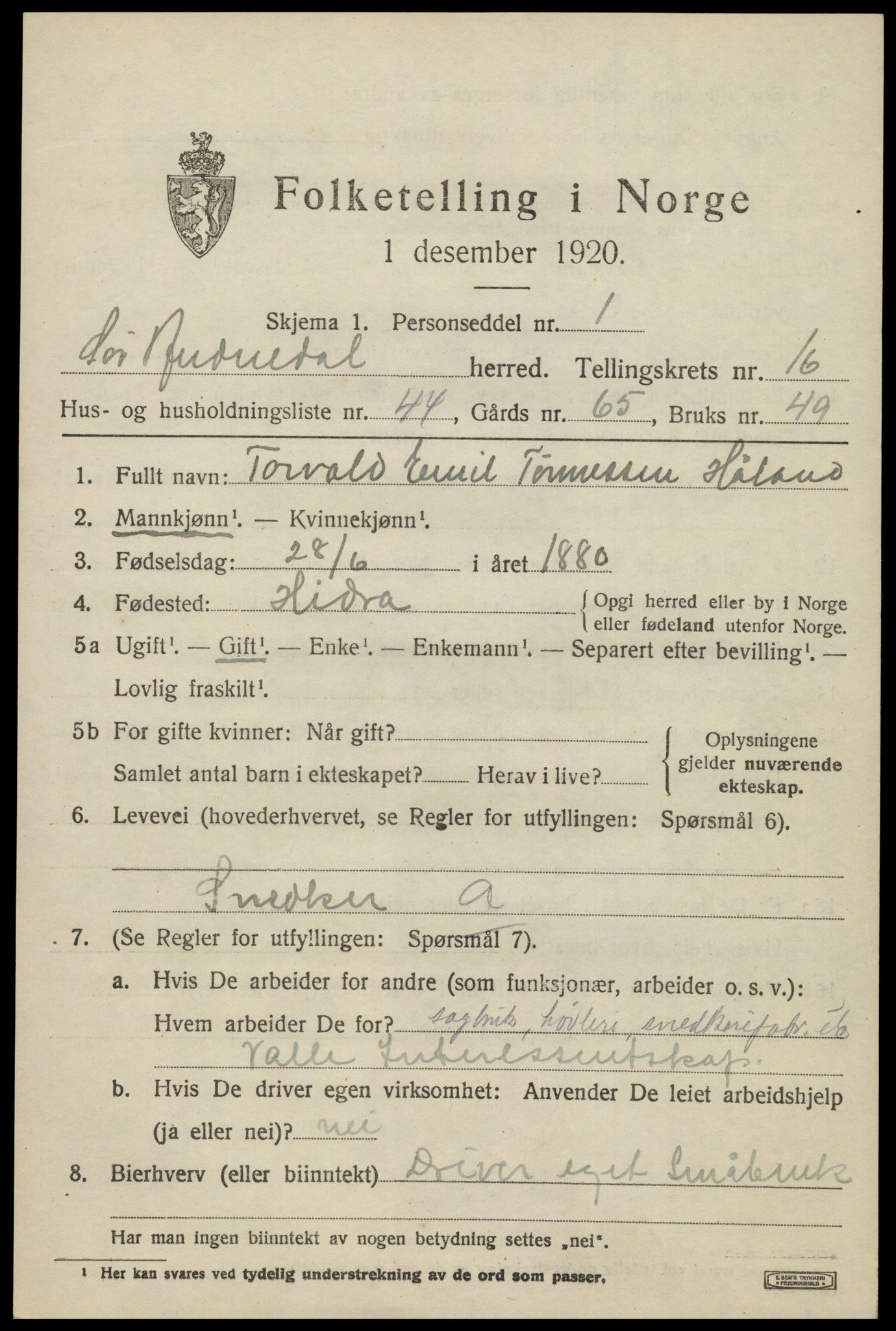 SAK, 1920 census for Sør-Audnedal, 1920, p. 6263