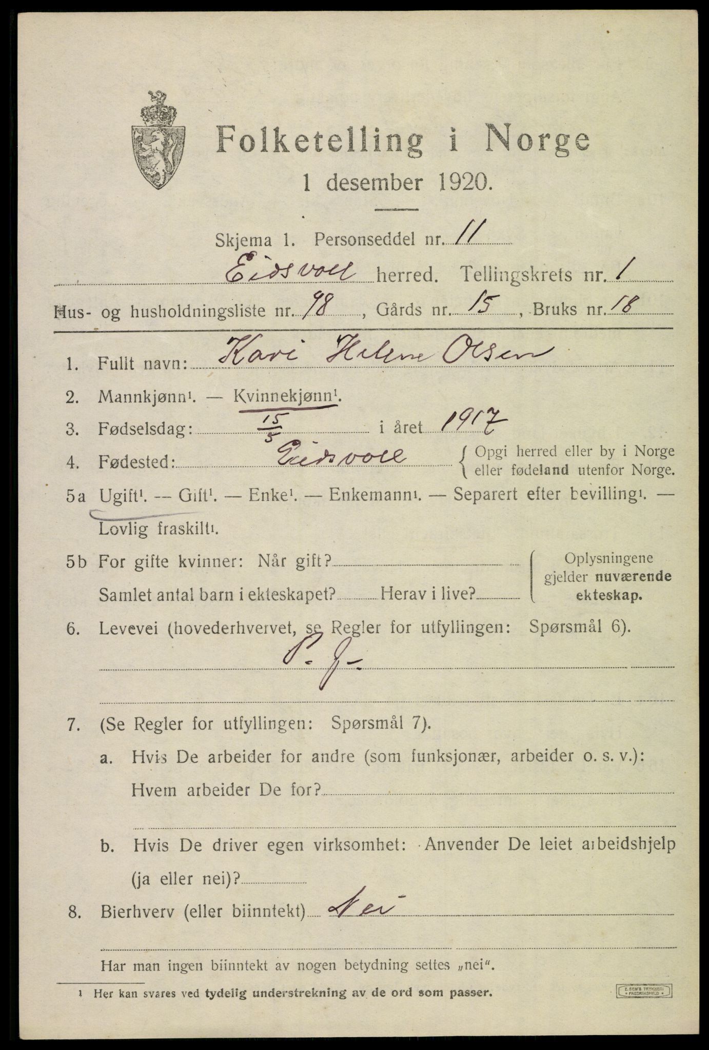 SAO, 1920 census for Eidsvoll, 1920, p. 4773