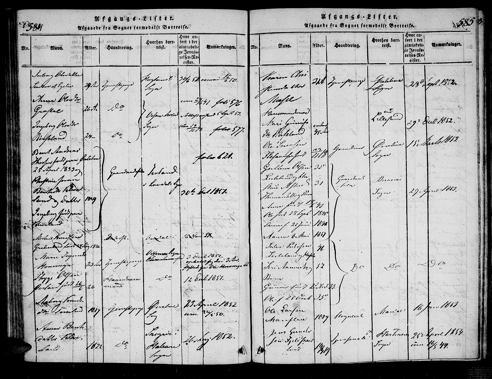 Bjelland sokneprestkontor, AV/SAK-1111-0005/F/Fa/Fab/L0002: Parish register (official) no. A 2, 1816-1869, p. 584-585