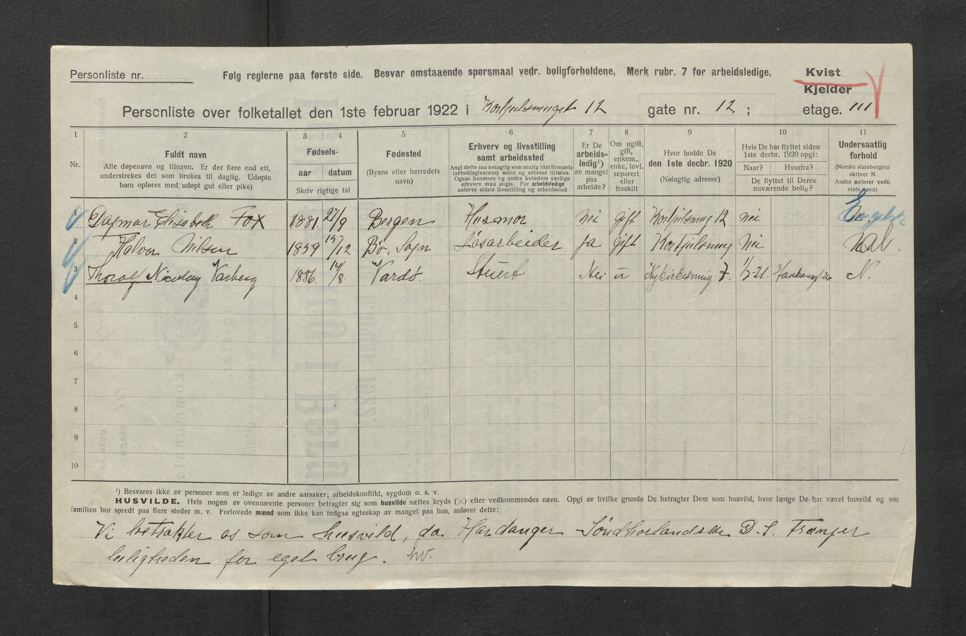 SAB, Municipal Census 1922 for Bergen, 1922, p. 5336